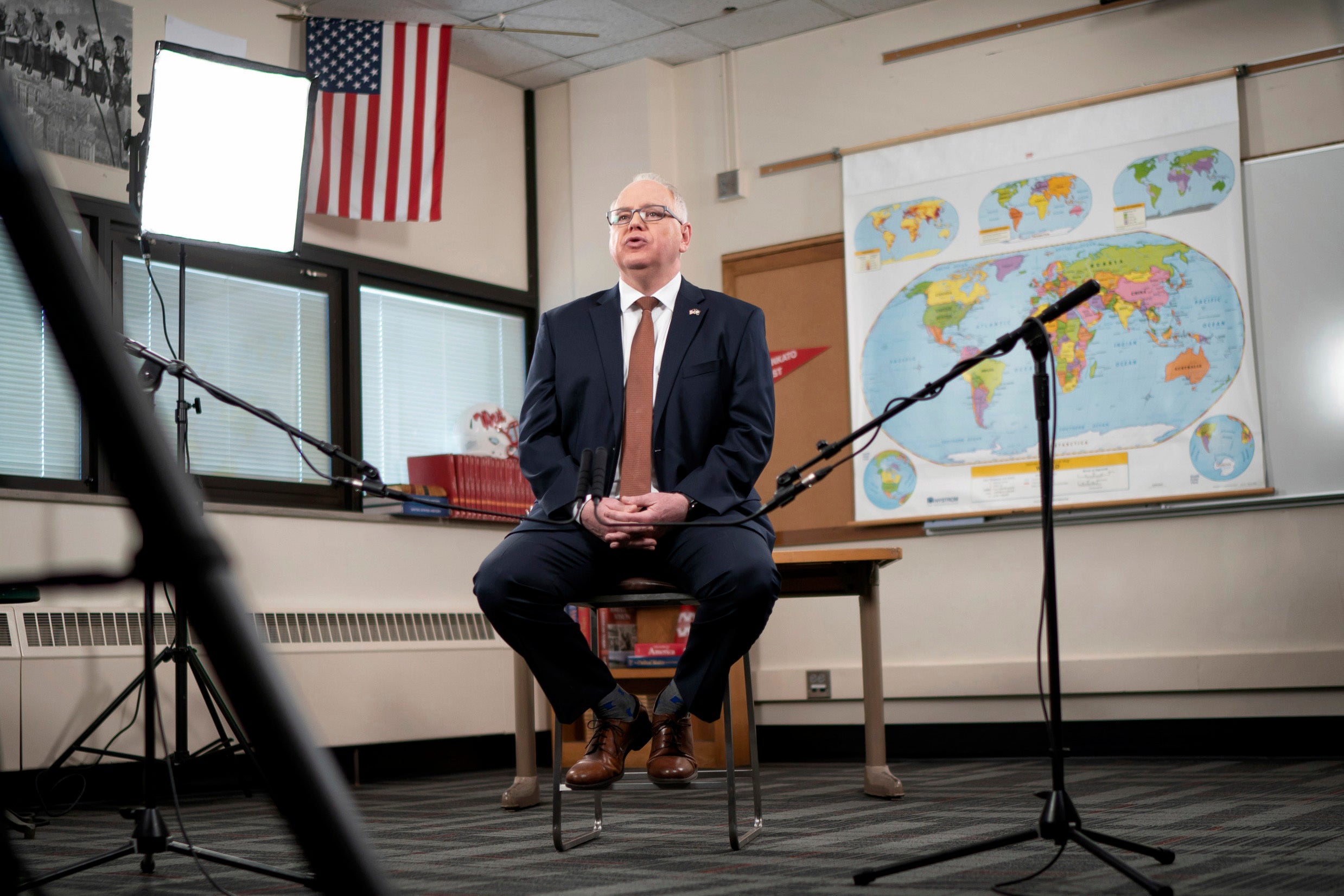 Minnesota Governor Tim Walz giving his State of the State address in 2021, from his old classroom at Mankato West High School