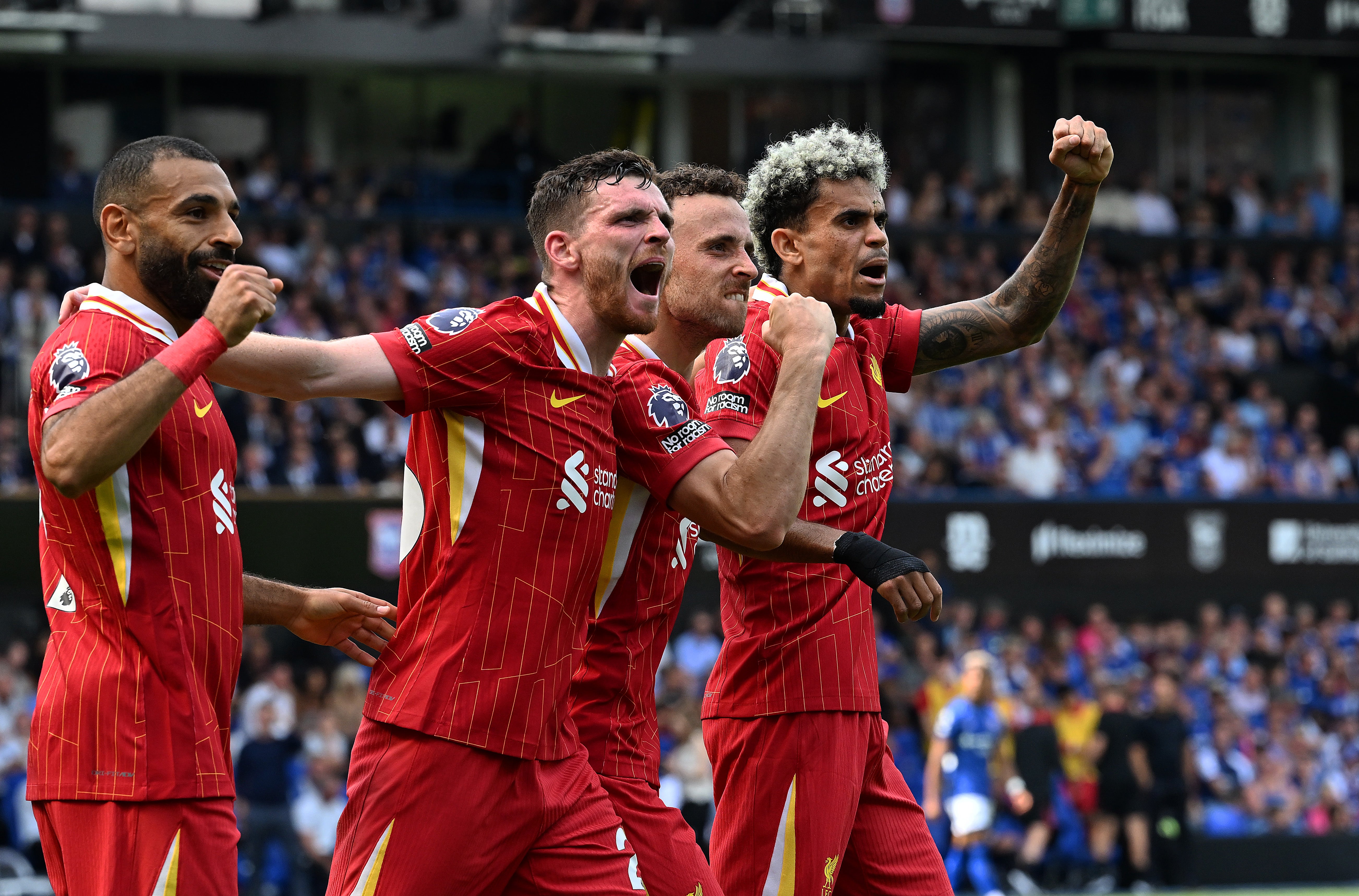 Diogo Jota of Liverpool celebrates after scoring the opening goal during the Premier League match between Ipswich Town