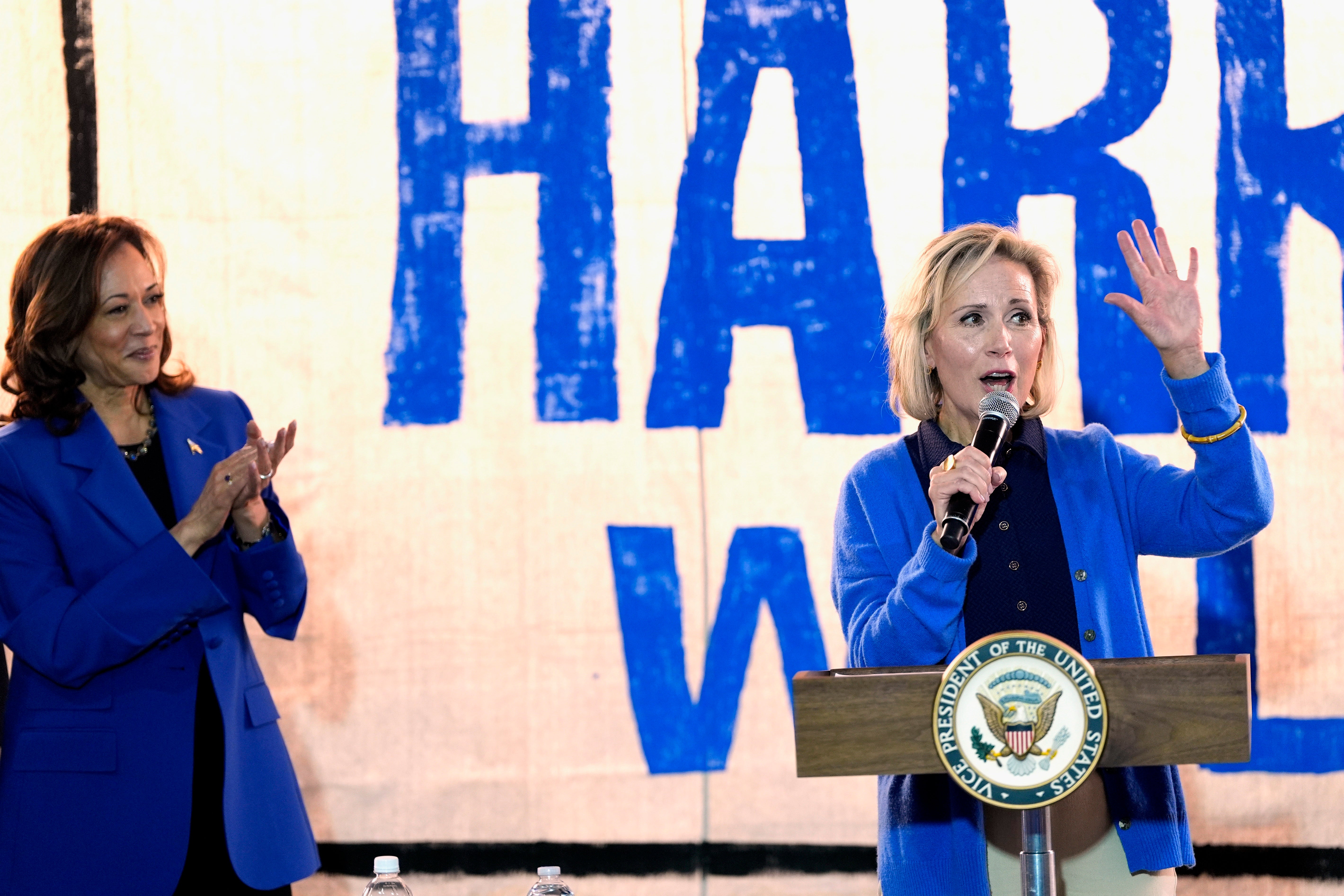 Democratic presidential nominee Vice President Kamala Harris listens as Gwen Walz speaks at a campaign rally in Pennsylvania last Sunday.