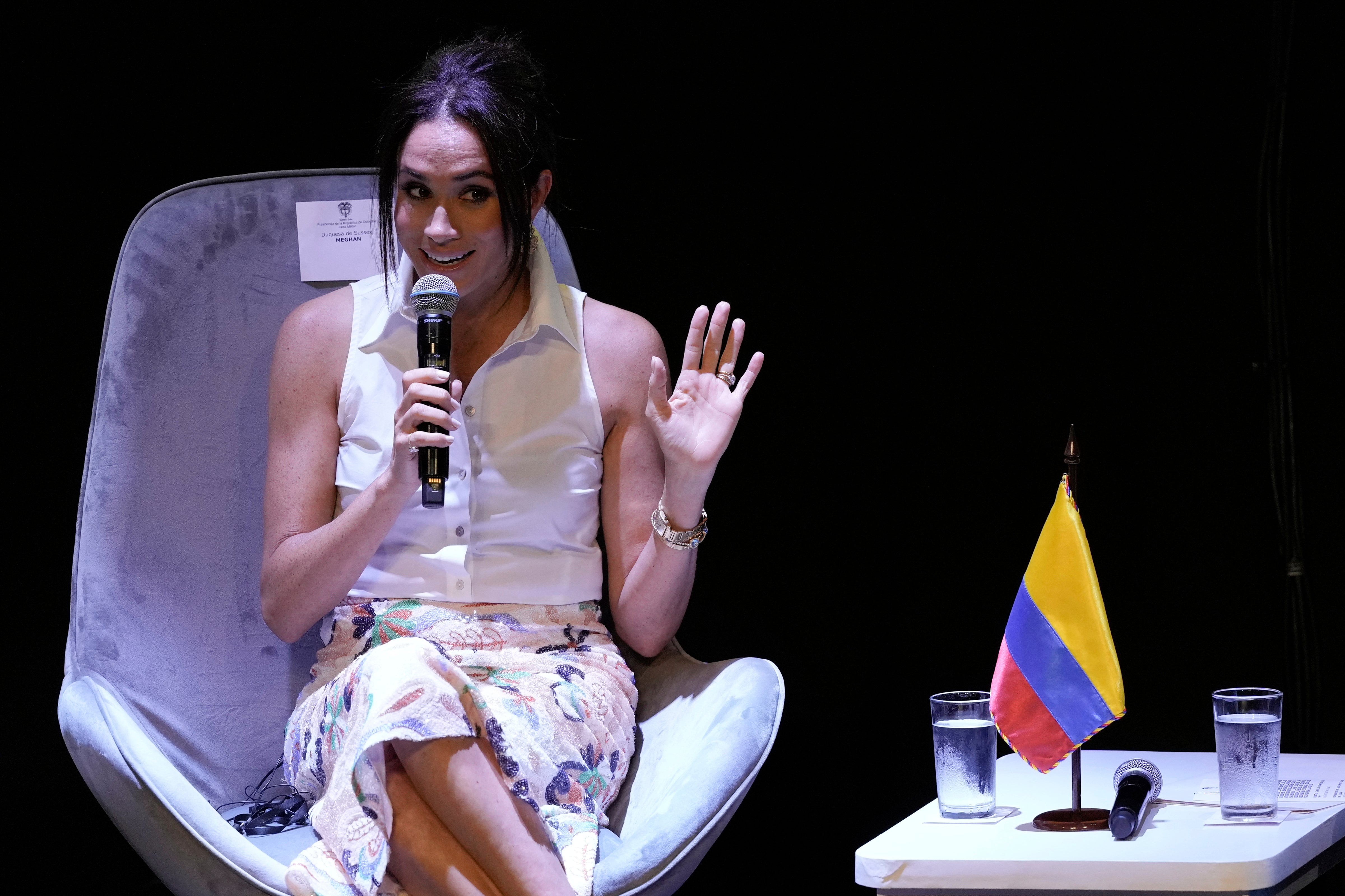 Meghan Markle, Prince Harry's wife, speaks during a forum in Cali, Colombia