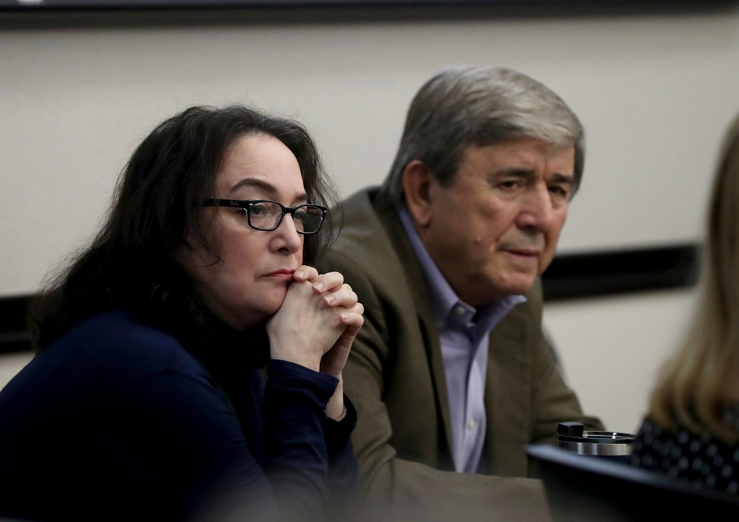 Rose Marie Kosmetatos, left, and her husband, Antonios Pagourtzis, parents of the accused Santa Fe High School shooter, during their civil trial in Galveston County Court