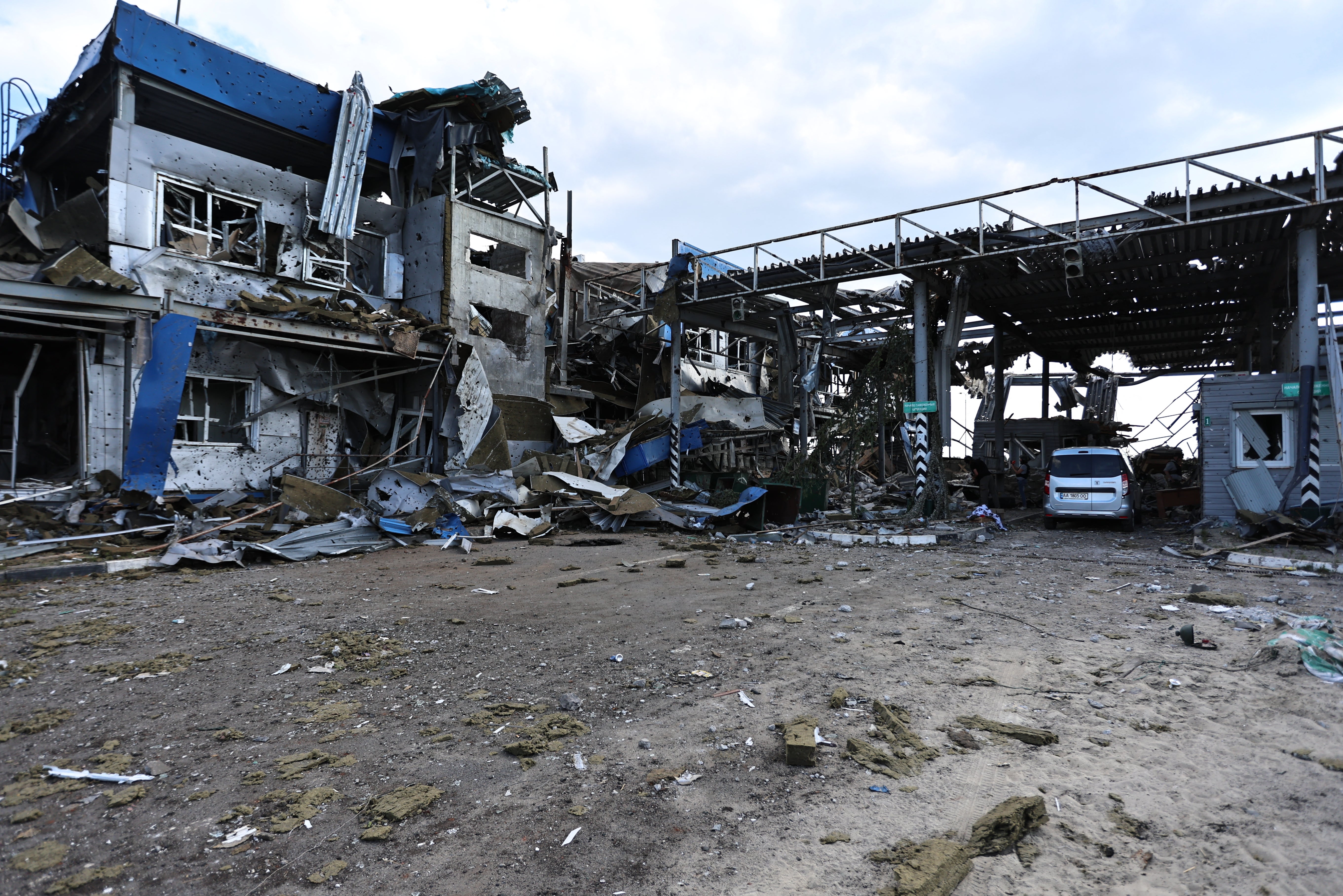 A destroyed border crossing point in Russia’s Kursk region