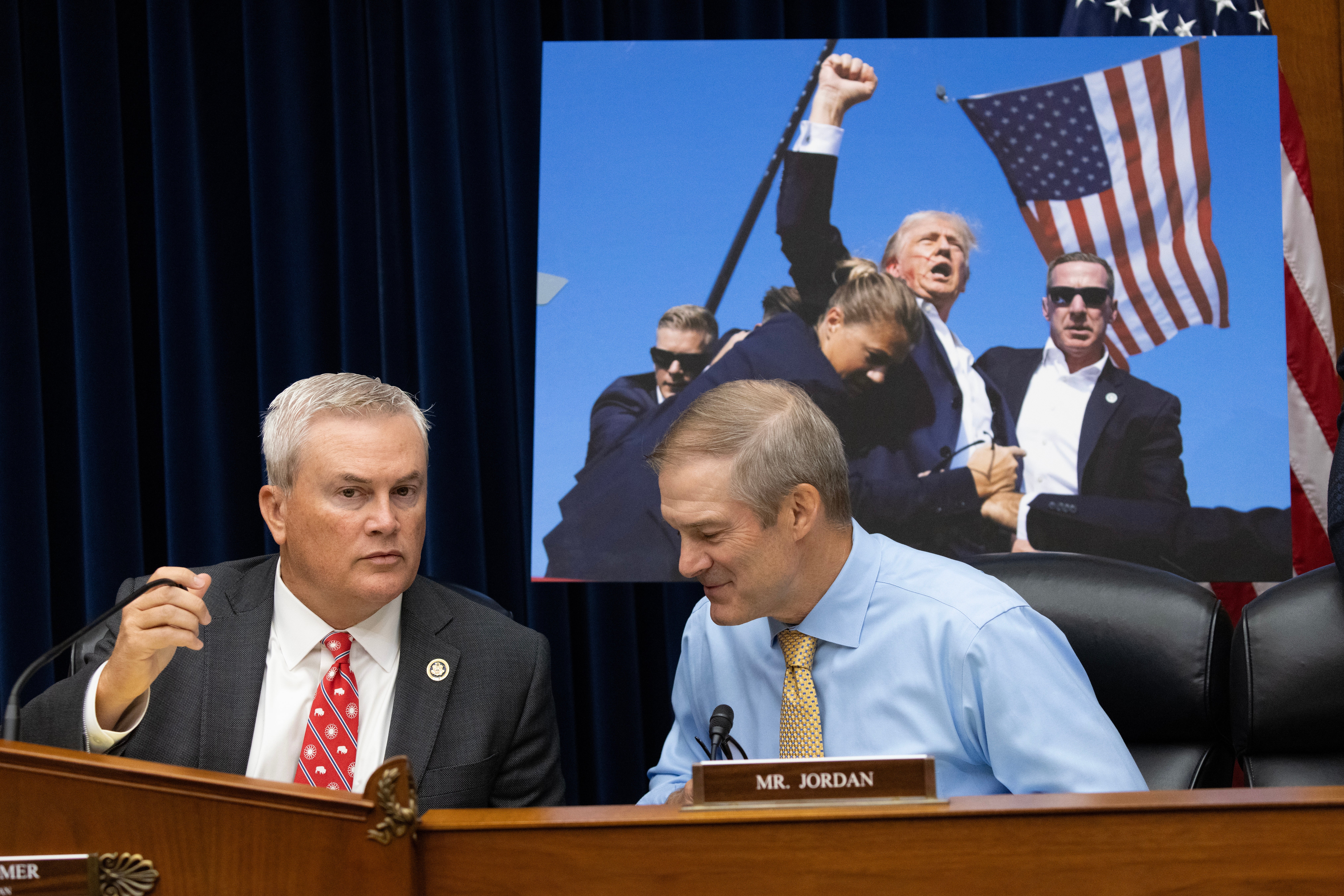 House Oversight Committee Chair James Comer (left) and House Judiciary Chair Jim Jordan attend a hearing on oversight of the Secret Service in July 2024. The pair also lead two committees that conducted the impeachment inquiry into President Joe Biden, claiming he engaged in ‘impeachable conduct’ in a new report