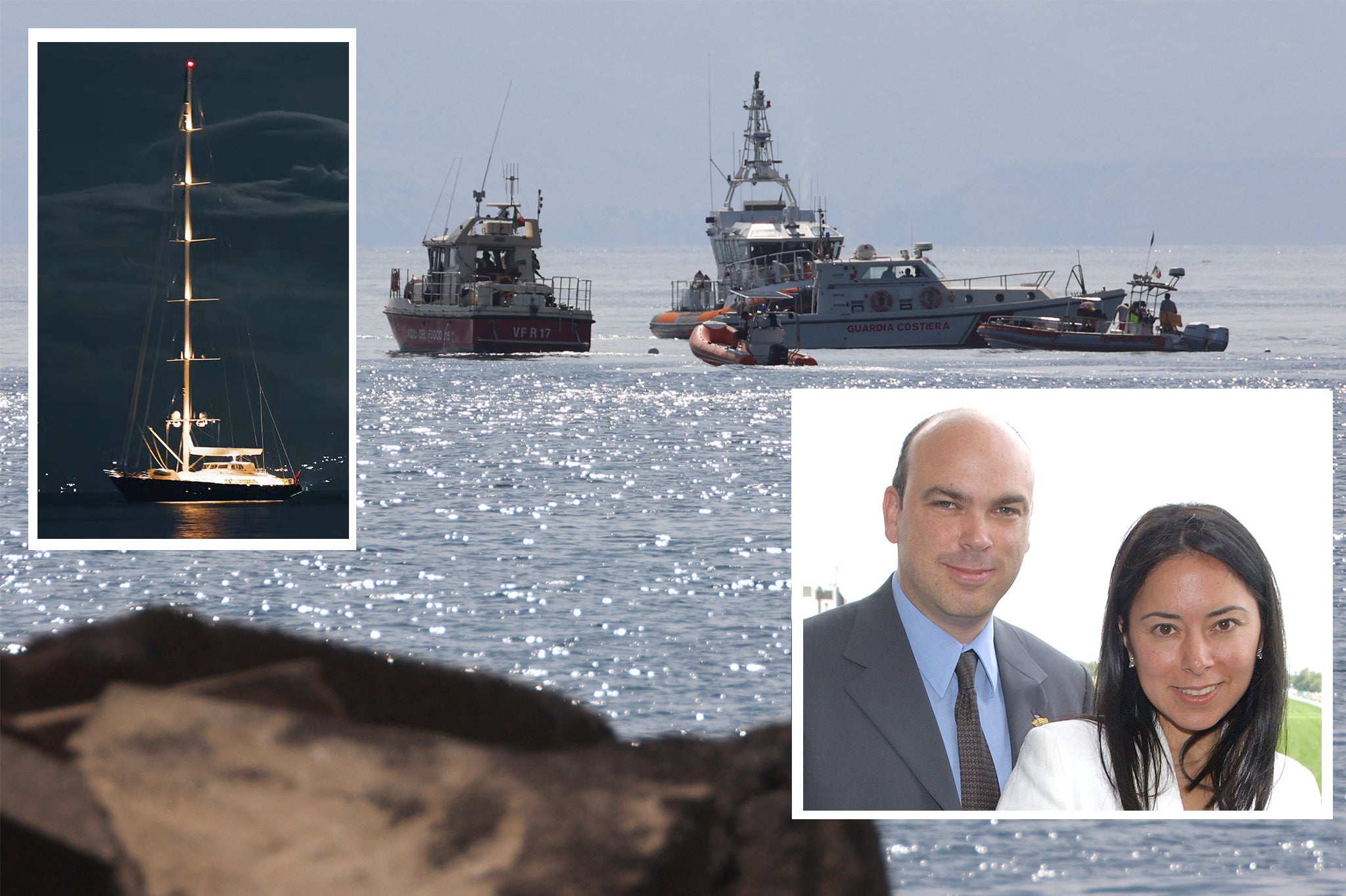 Mike Lynch, pictured with his wife Angela Bacares, is among those missing after his yacht (inset) capsized off the coast of Sicily