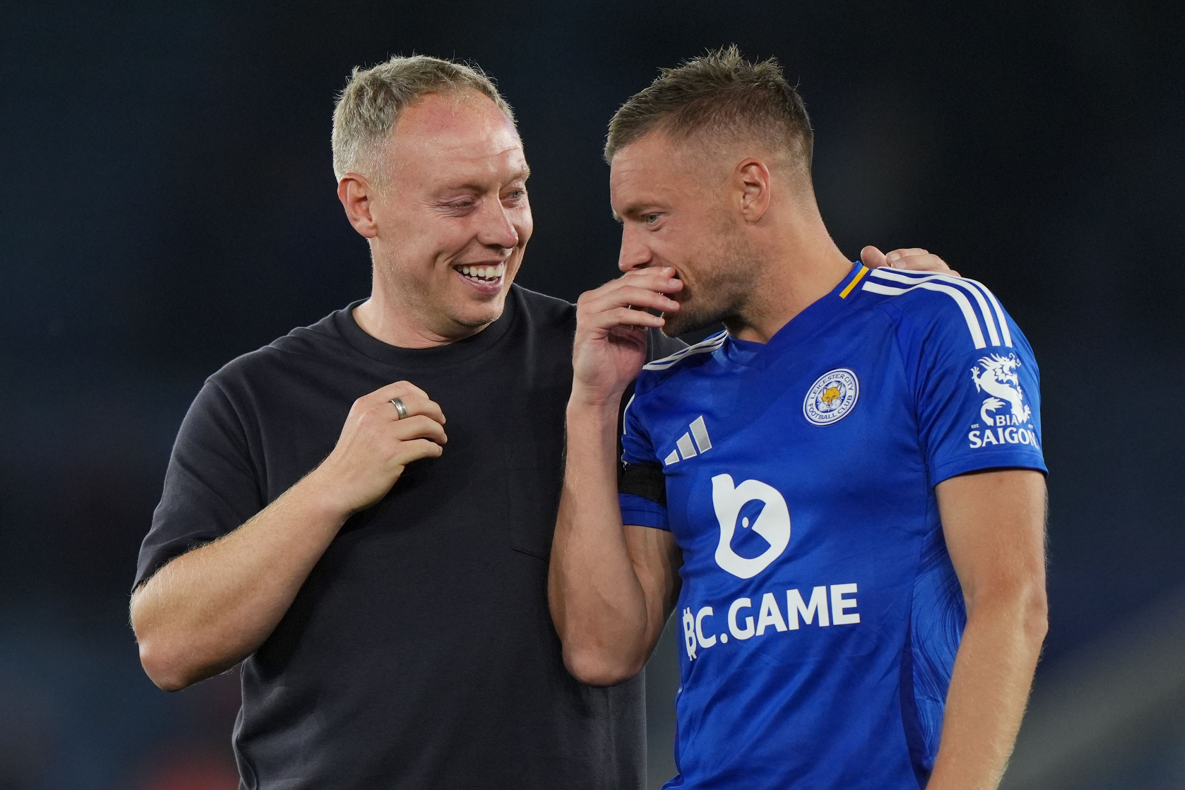 Steve Cooper, left, talked up the quality of Leicester forward Jamie Vardy after the 1-1 draw with Tottenham (Bradley Collyer/PA)