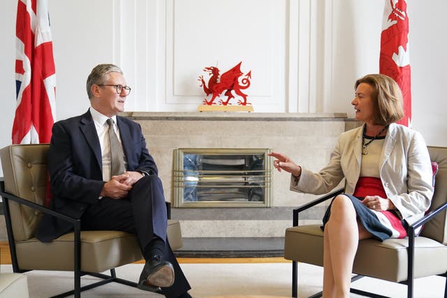 <p>Keir Starmer meets first minister of Wales Eluned Morgan during a visit to Cathays Park in Cardiff</p>