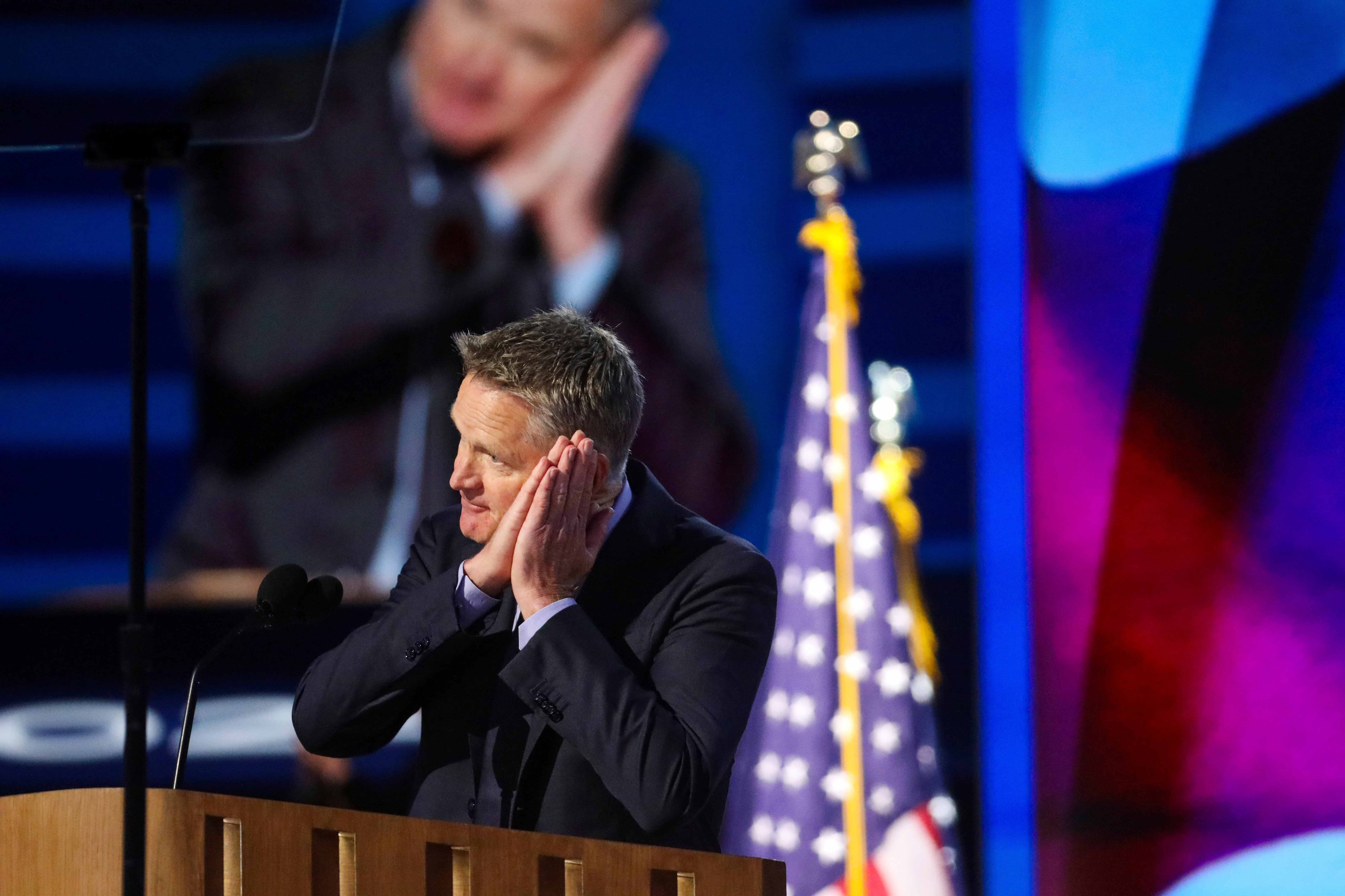 Team USA Men's Basketball coach and Golden State Warriors coach Steve Kerr speaks during the Democratic National Convention Monday