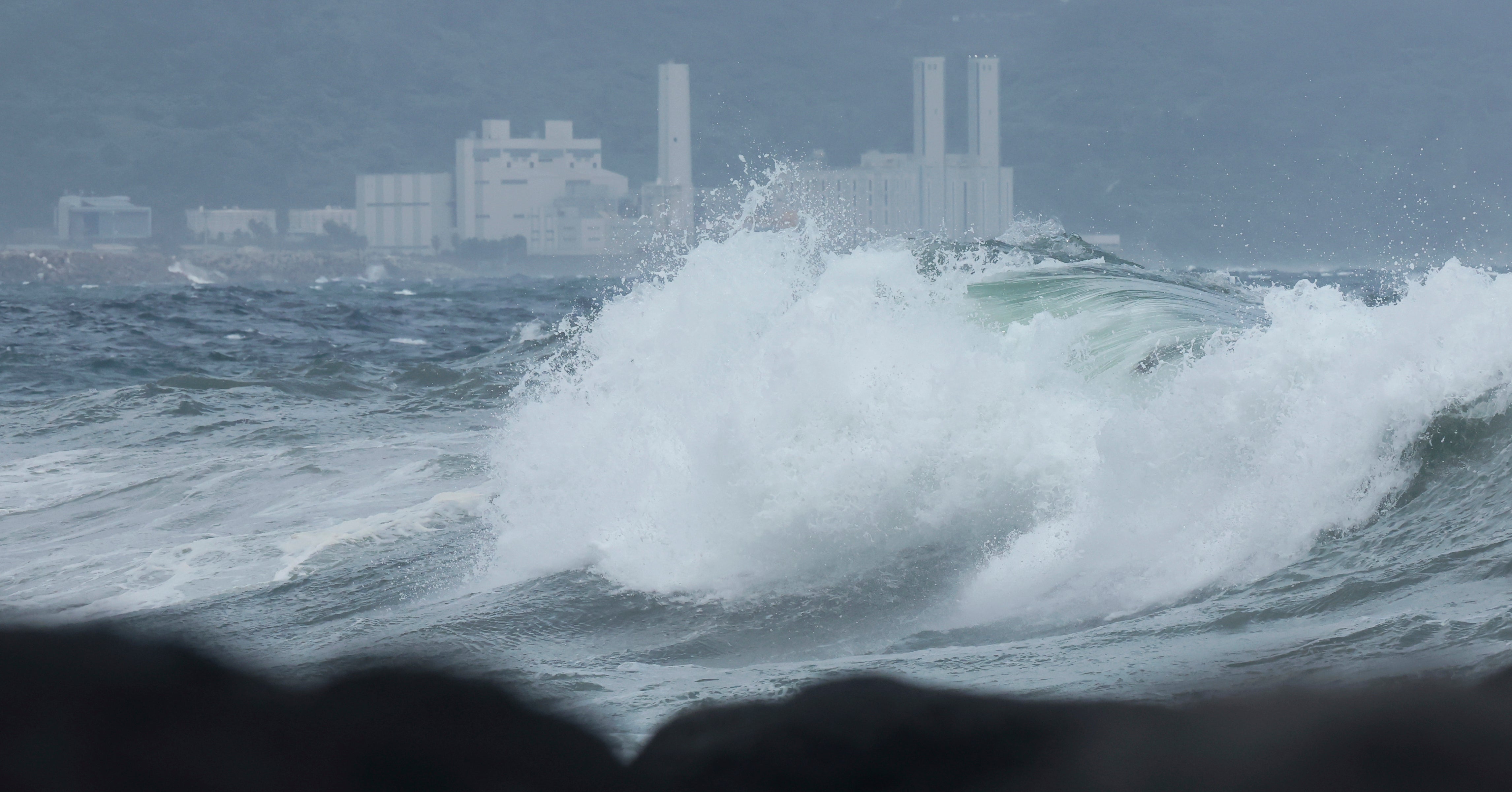 High waves crash ashore as Typhoon Jongdari approaches Jeju Island, South Korea