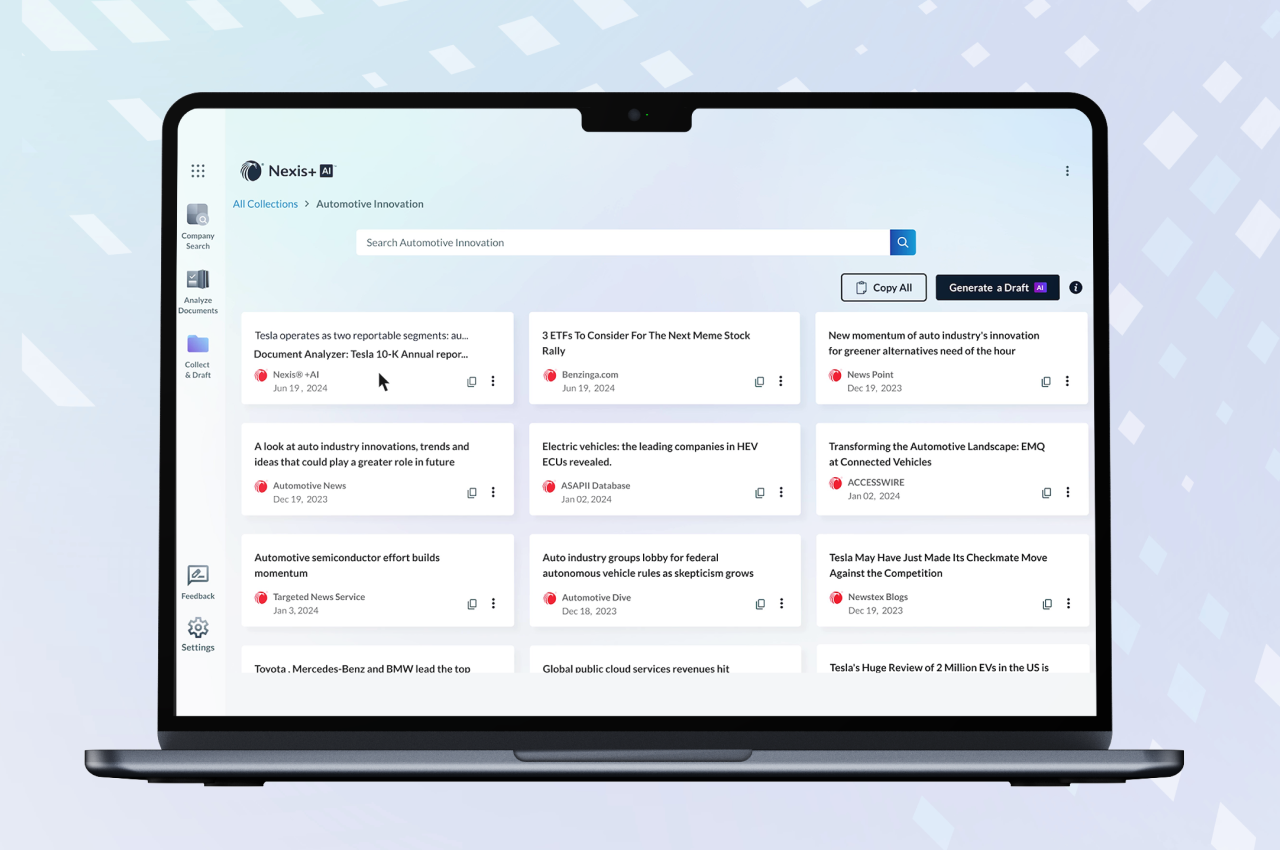 Nexis+ AI empowers users to transform collected snippets of insightful company research into digestible reports with only a couple of clicks.