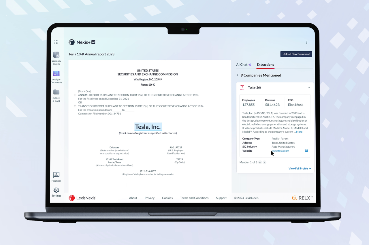 Nexis+ AI Document Analyzer allows you to obtain relevant insights with AI chat or extractions.