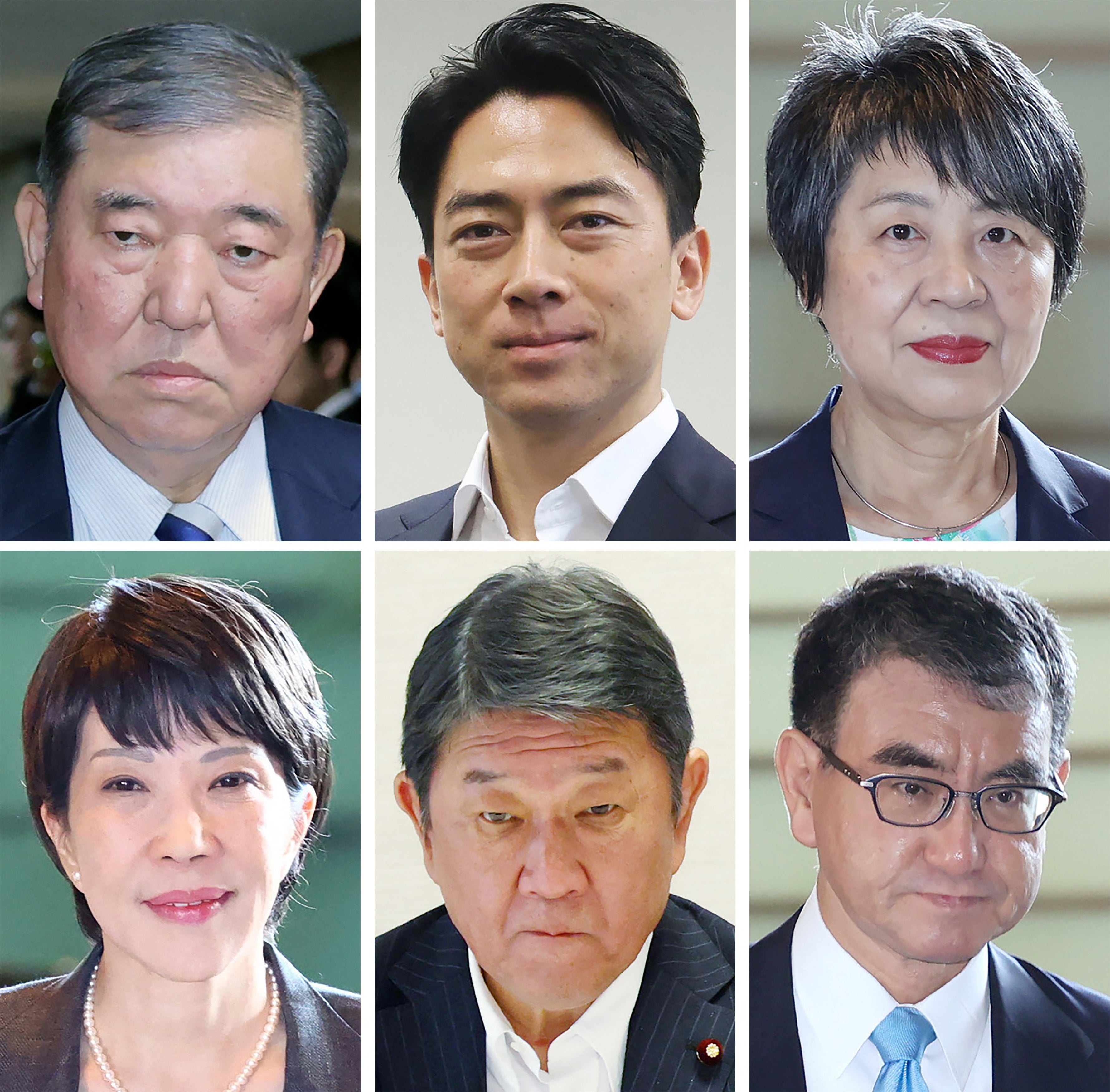 This combination of photos show Japanese lawmakers (top L to R) Shigeru Ishiba, Shinjiro Koizumi, Yoko Kamikawa and (bottom L to R) Sanae Takaichi, Toshimitsu Motegi and Taro Kono, who have been reported as possibly candidates for the head of the ruling Liberal Democratic Party (LDP) leadership