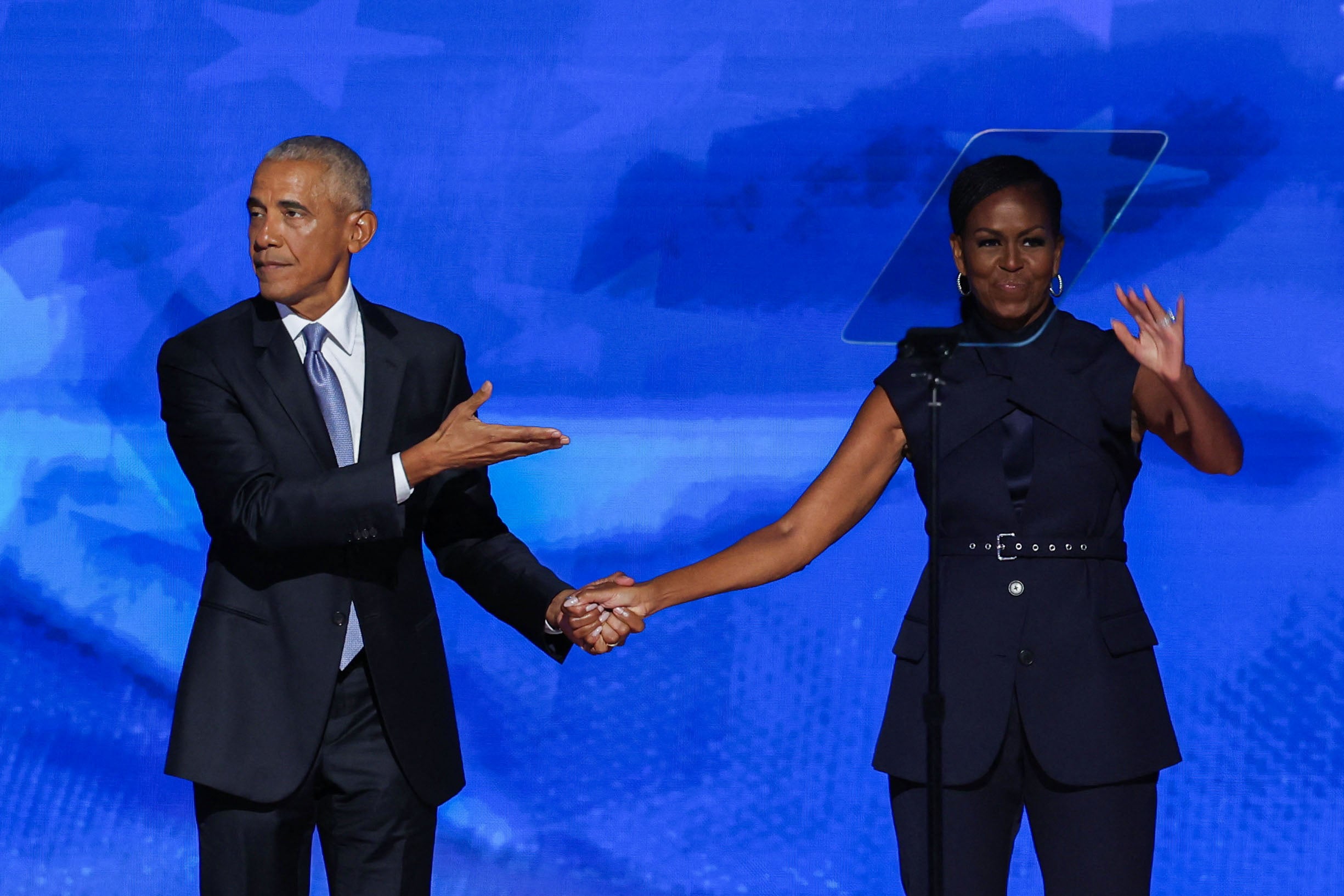 Barack and Michelle Obama on stage together at the Democratic National Convention in Chicago