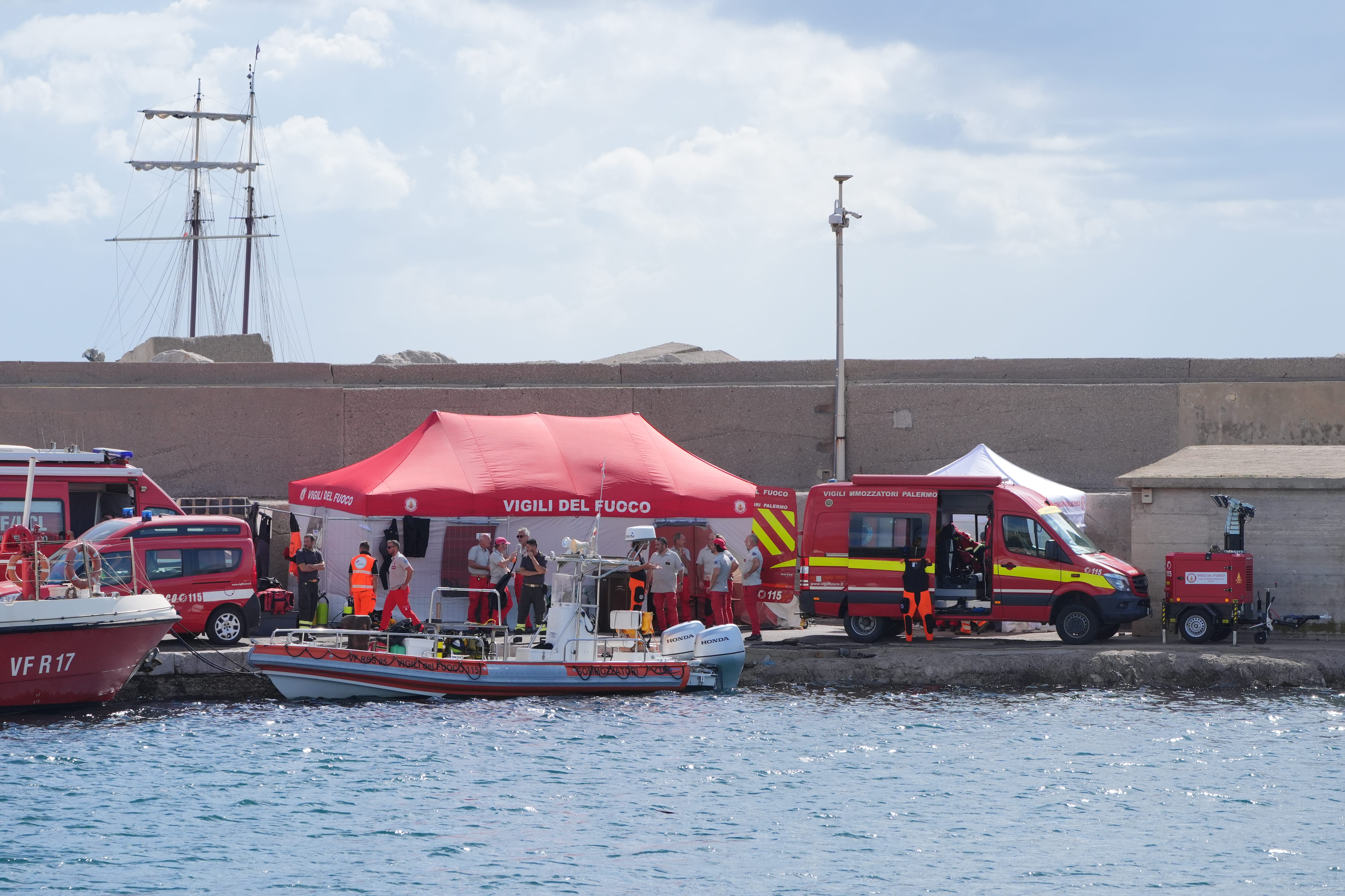 Italian emergency services prepare to head toward the area off the Sicilian coast where the search continues six tourists missing after a luxury yacht sank in a tornado off the coast of Sicily. (PA Wire)