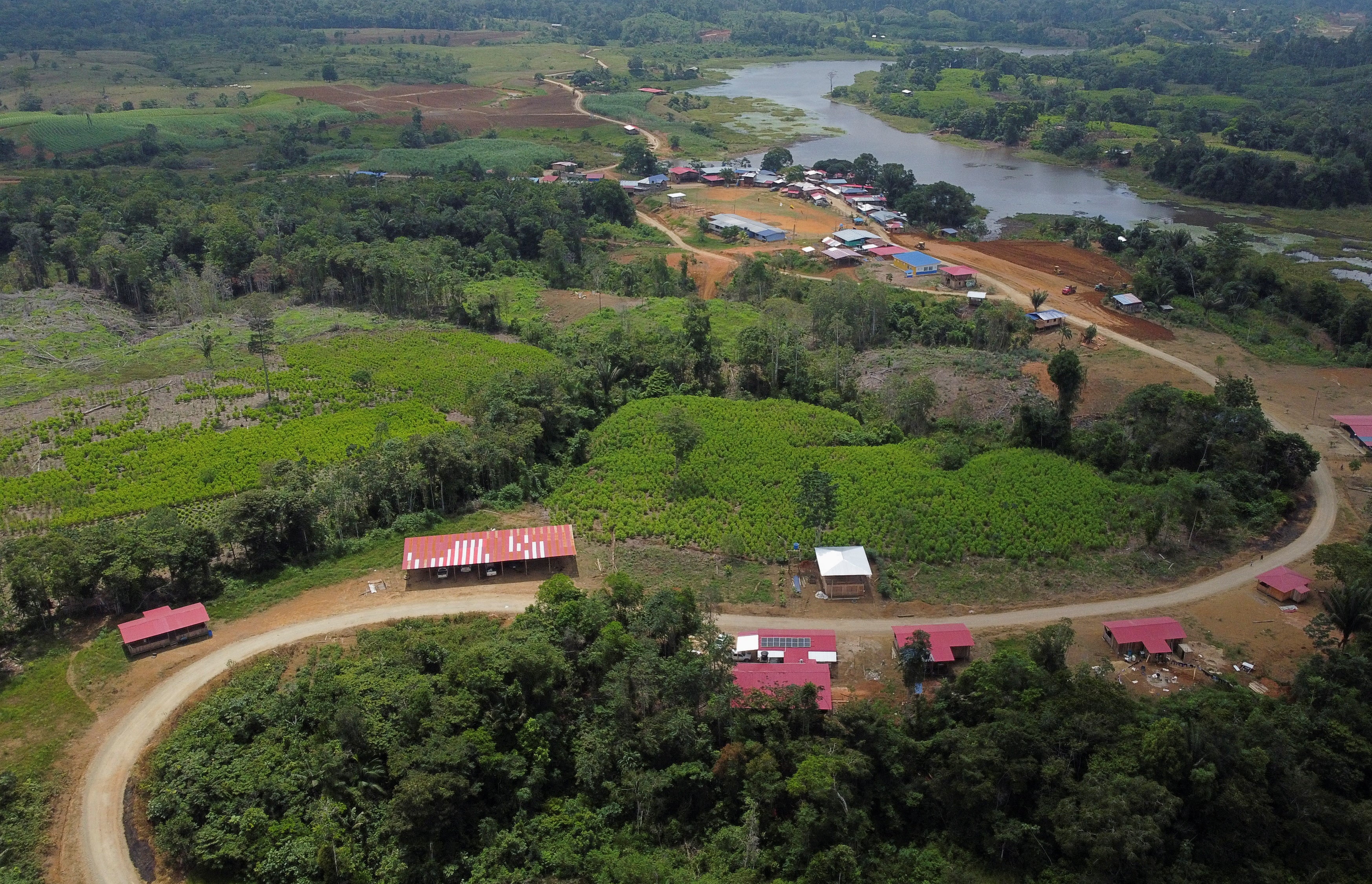 A drone view shows a village built by Colombian rebel group Segunda Marquetalia, in Colombia’s Pacific jungle