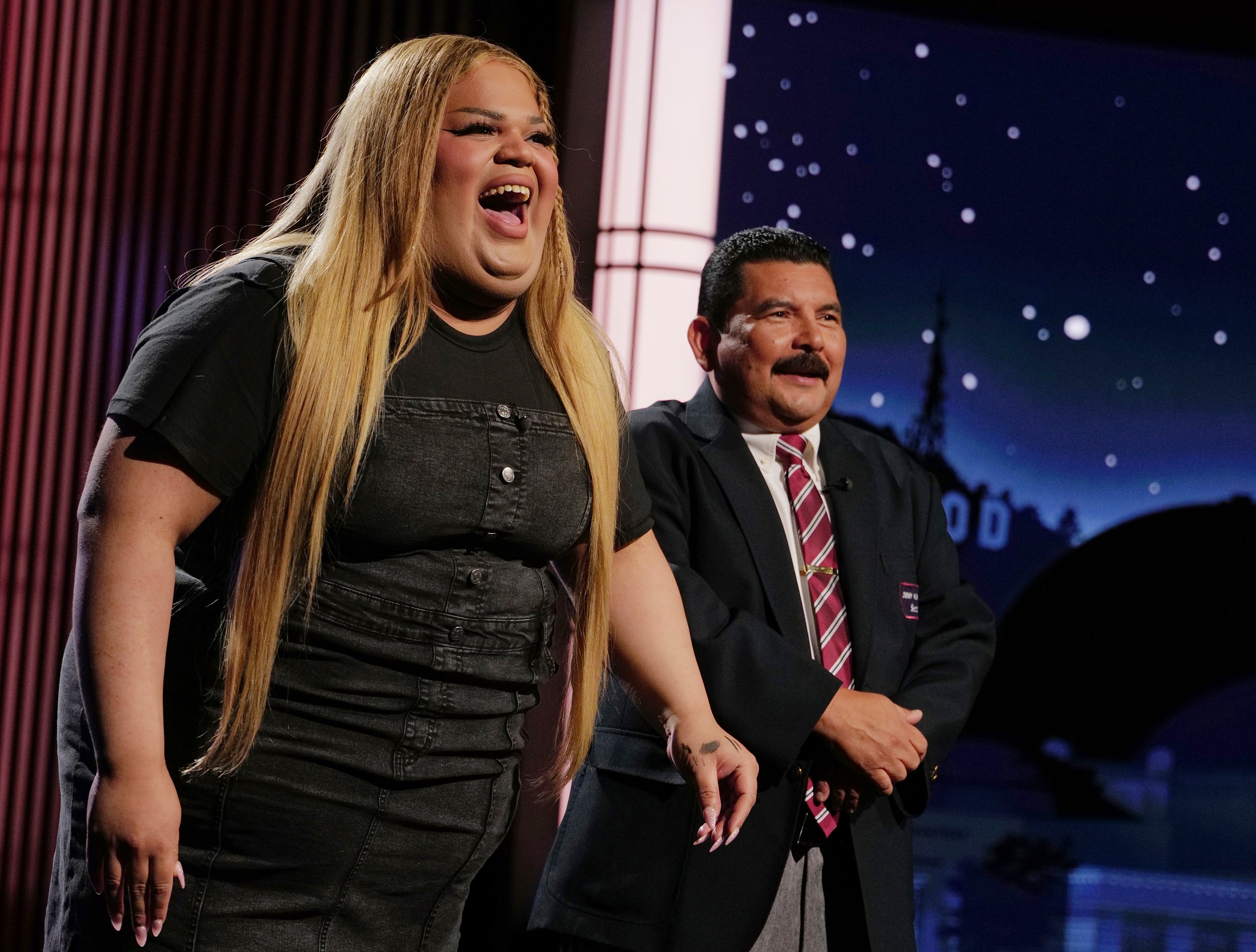 TikTok creator Jools Lebron, left, with talk show personality Guillermo Rodriguez on the set of ‘Jimmy Kimmel Live!’