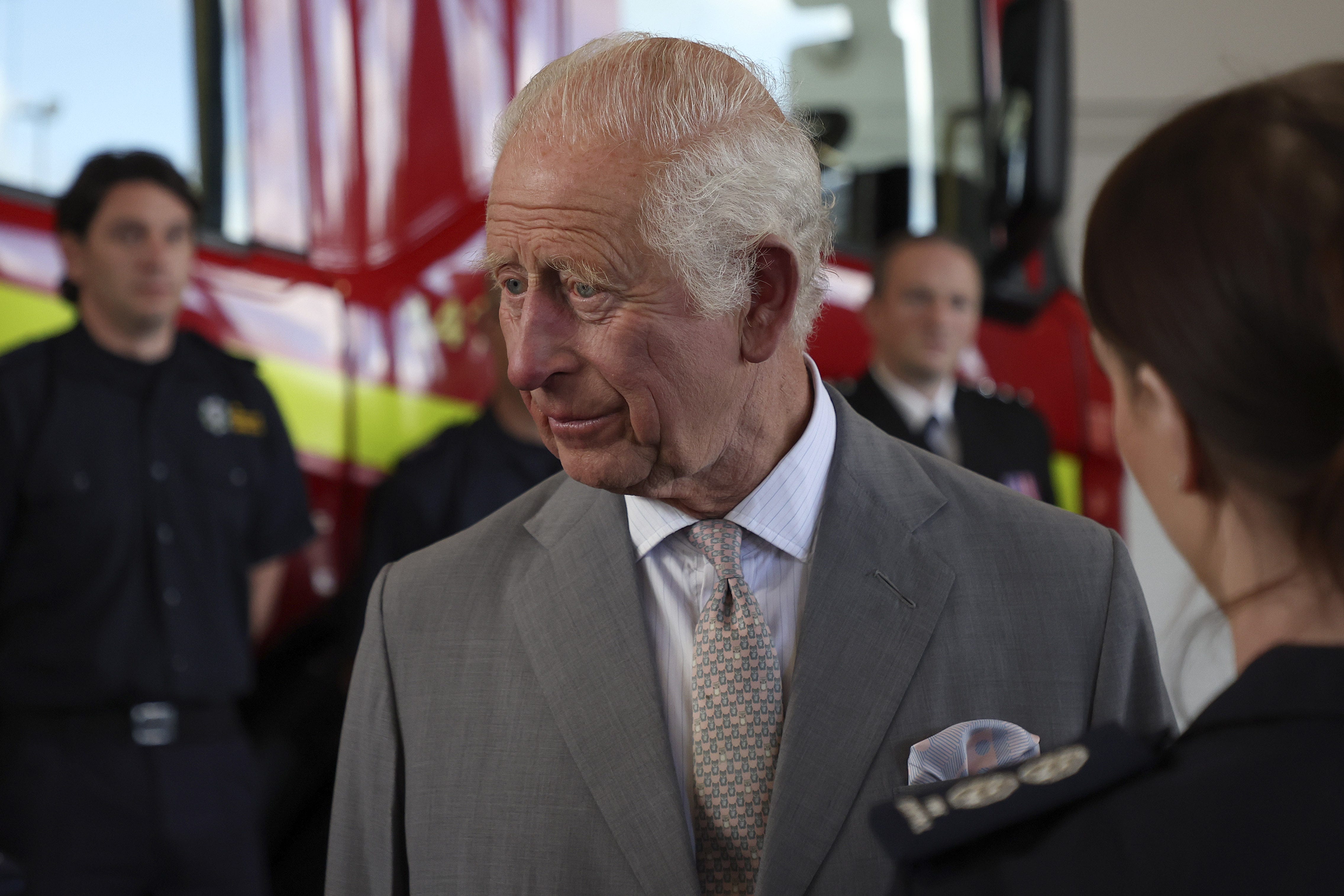 King Charles III meets representatives from Merseyside’s emergency services and local community groups at Southport Community Fire Station, following the July 29th knife attack in the town, during which three young girls were killed (Scott Heppell/PA)