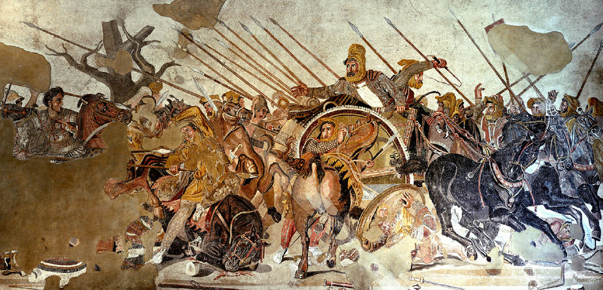 Greek sarissa pikes used in the Battle of Issus 333 BC depicted in Alexander Mosaic, Pompeii