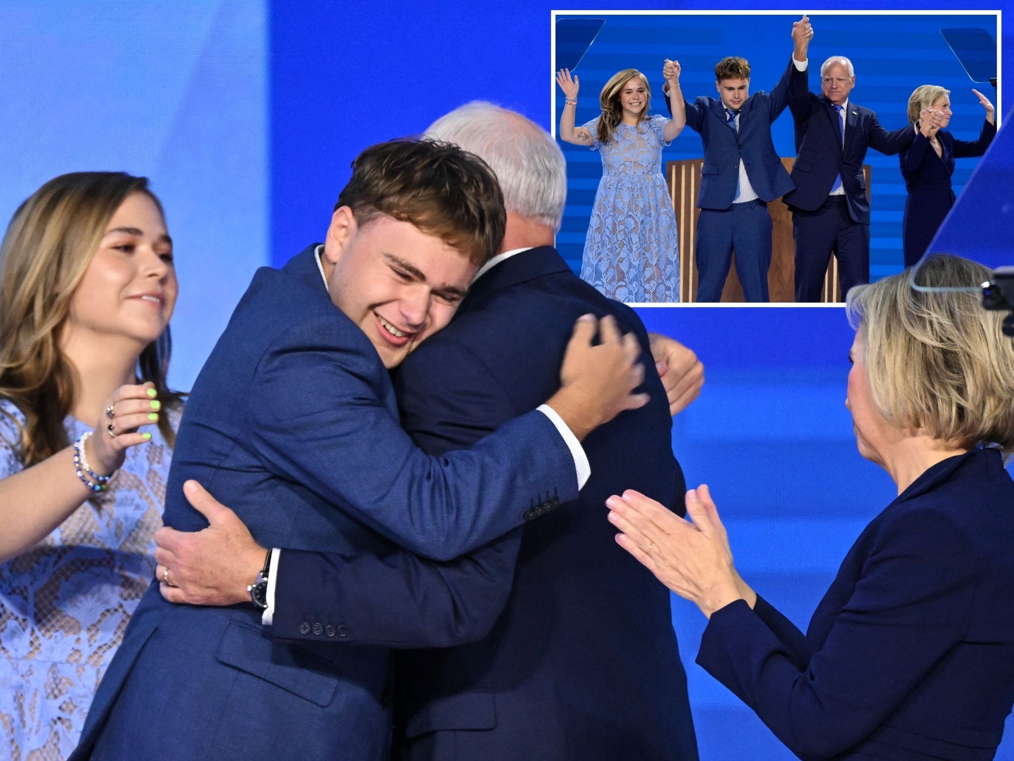 Tim Walz and his family on stage at the DNC in Chicago after he accepted the Democratic nomination for vice president