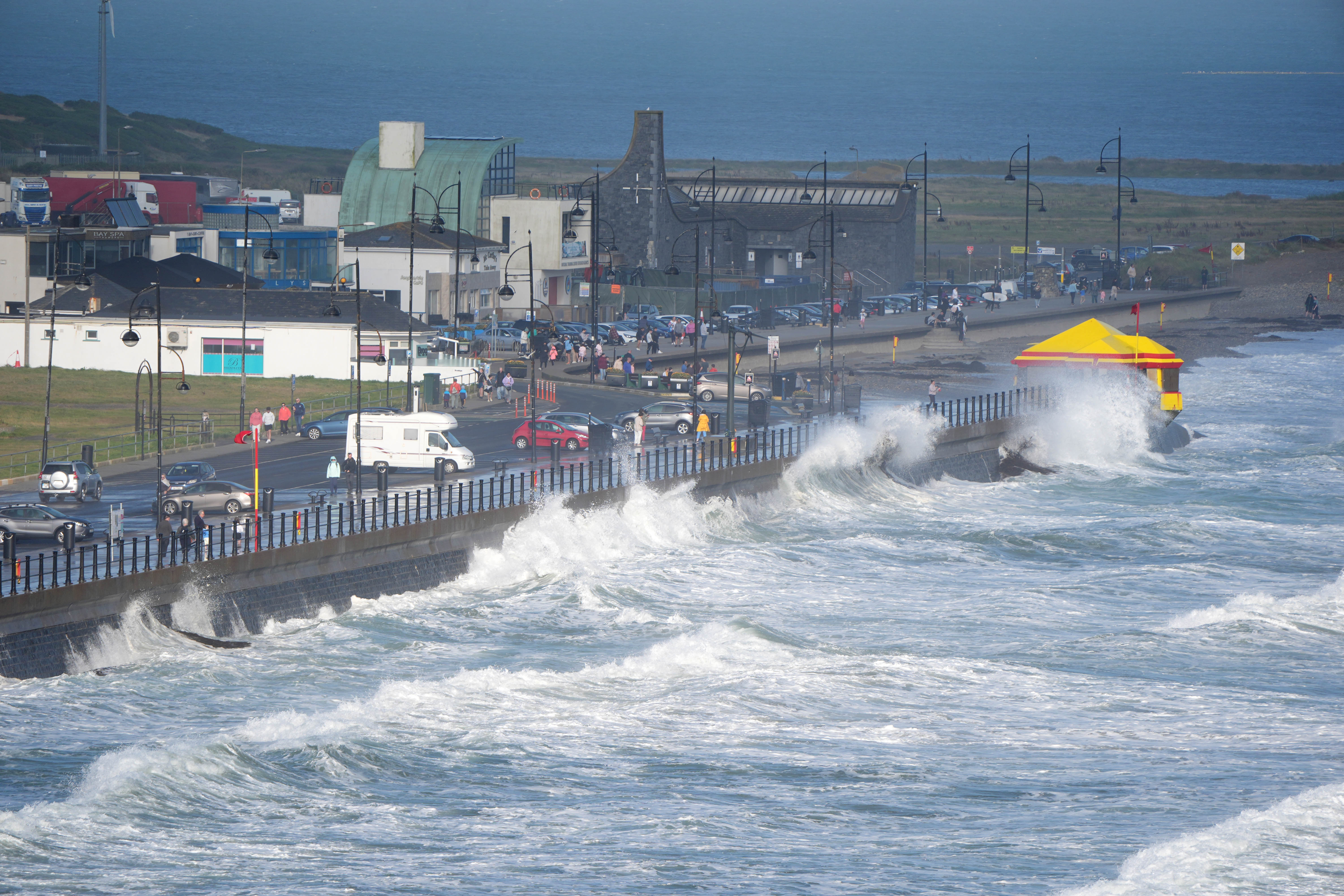 High waves in Tramore in County Waterford. The "remnants" of Hurricane Ernesto are set to batter parts of the UK in the week ahead