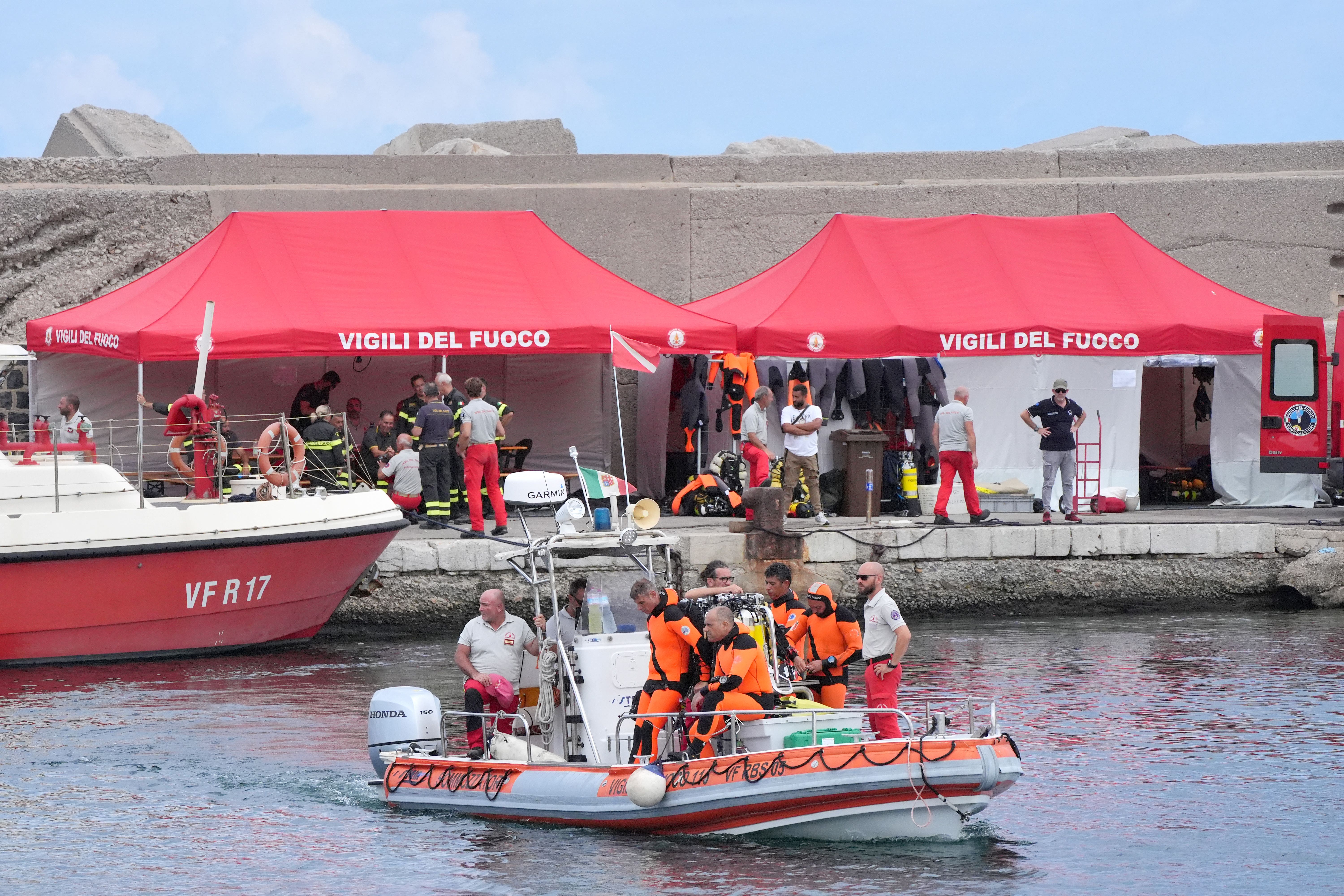 The fire service dive team leaves port heading for the dive site for the Bayesian off the coast of Porticello, Sicily, on the third day of the search for six tourists missing after the luxury yacht Bayesian sank in a storm on Monday whilst moored around half a mile off the coast. The Italian Coastguard has not ruled out the possibility that those missing may still be alive, with experts speculating air pockets could have formed as the yacht sank. Picture date: Wednesday August 21, 2024.