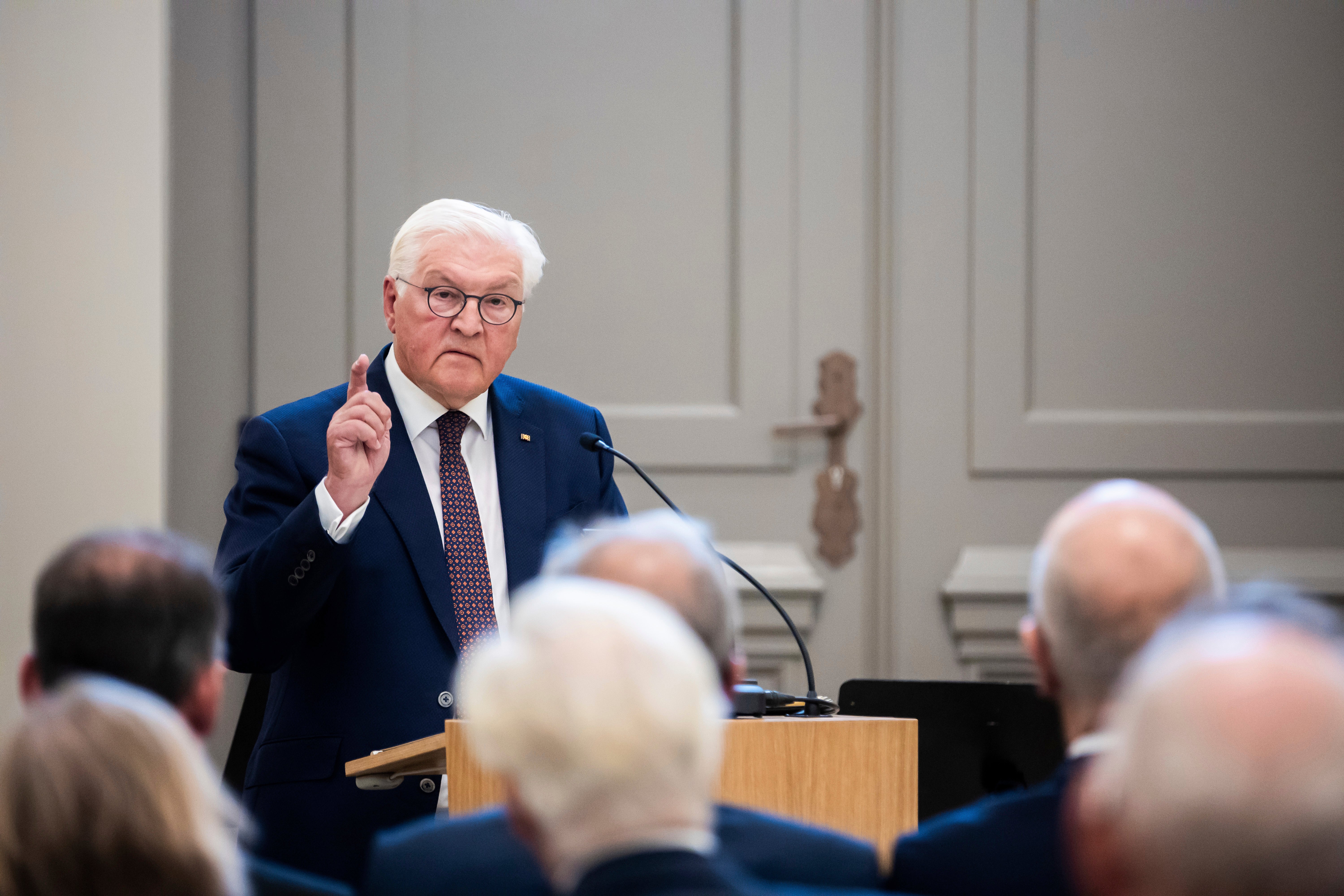 German President Frank-Walter Steinmeier, patron of the reconstruction project, speaks at the opening ceremony