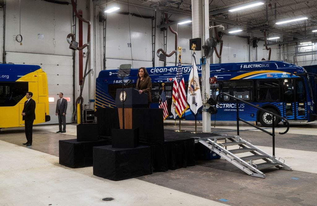 Vice President Kamala Harris speaks at an event in Minnesota in 2023 focused on the Biden-Harris administration’s electric vehicle push