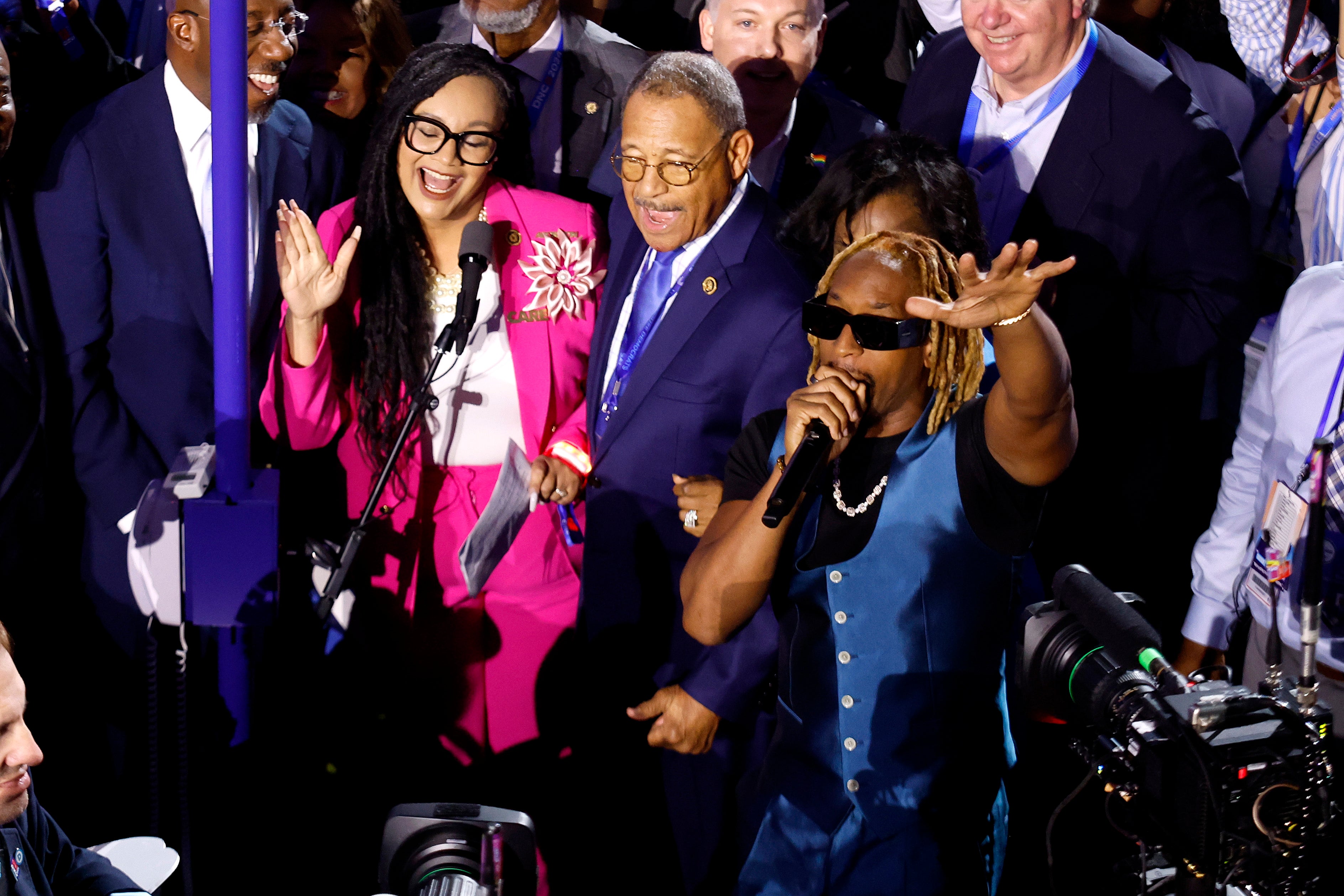 Rapper Lil Jon performs with the Georgia delegation during the Ceremonial Roll Call of States on the second day of the Democratic National Convention at the United Center on August 20