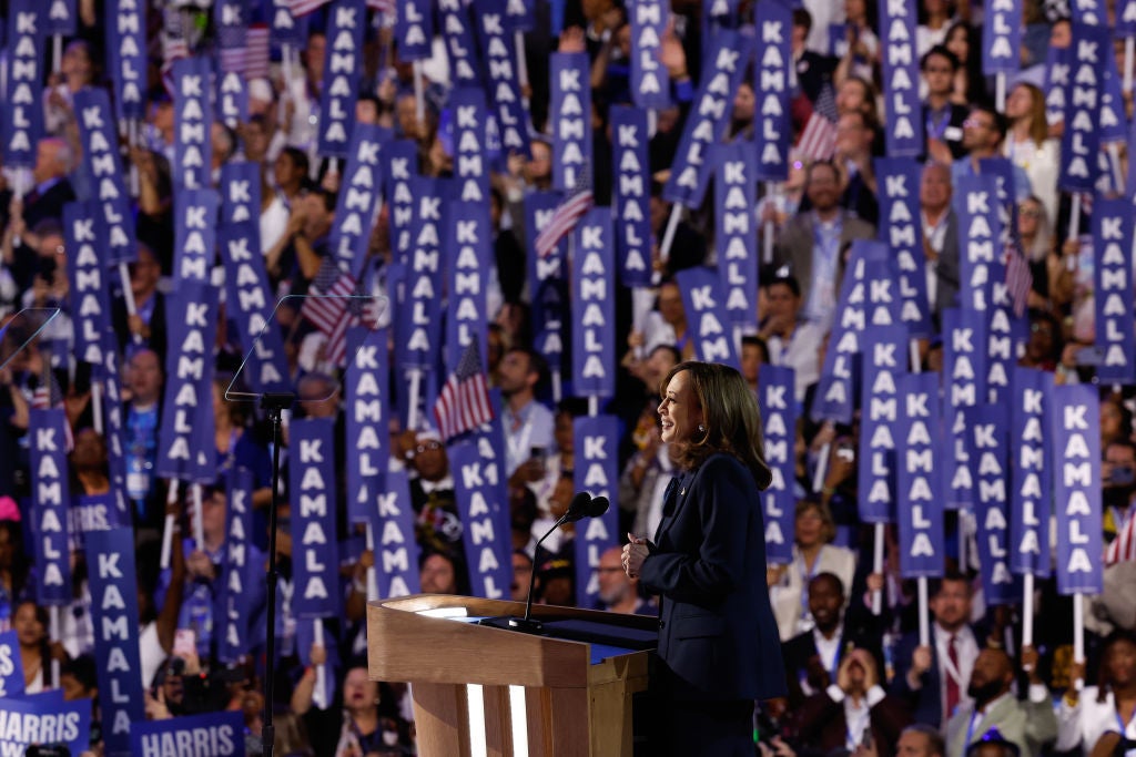 Kamala Harris gave the keynote address on the final night of the Democratic convention in Chicago as her opponent, Donald Trump, posted angrily on Truth Social