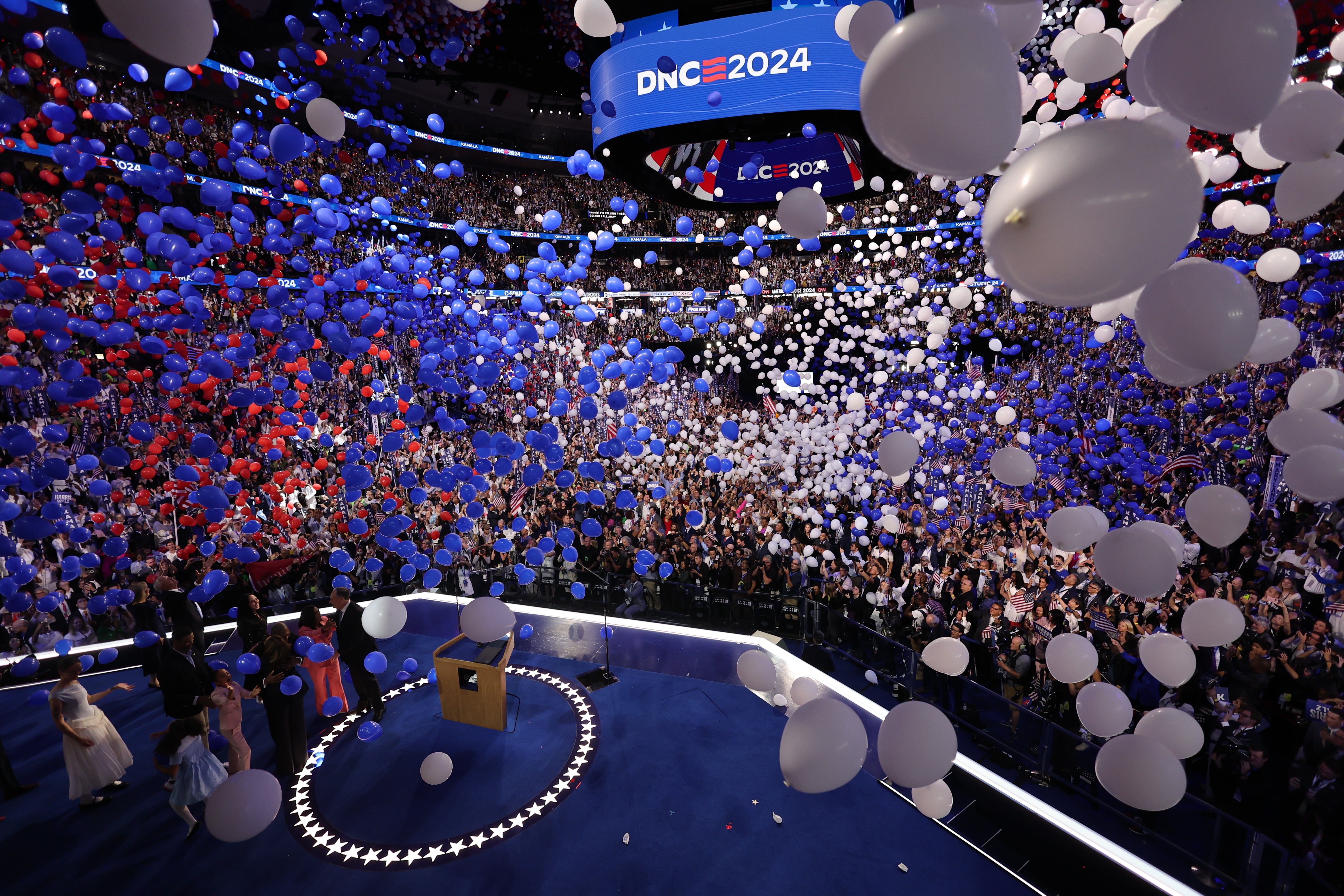 Balloons are released after Harris appeared onstage the final day of the DNC