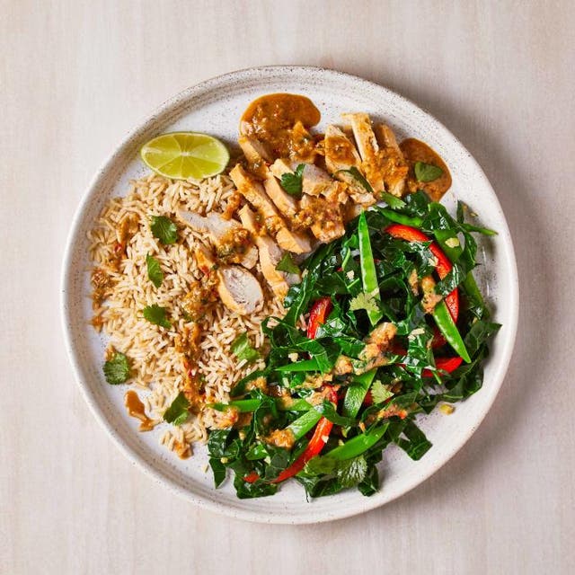 <p>Thai-spice chicken with gingery green vegetables and brown rice</p>