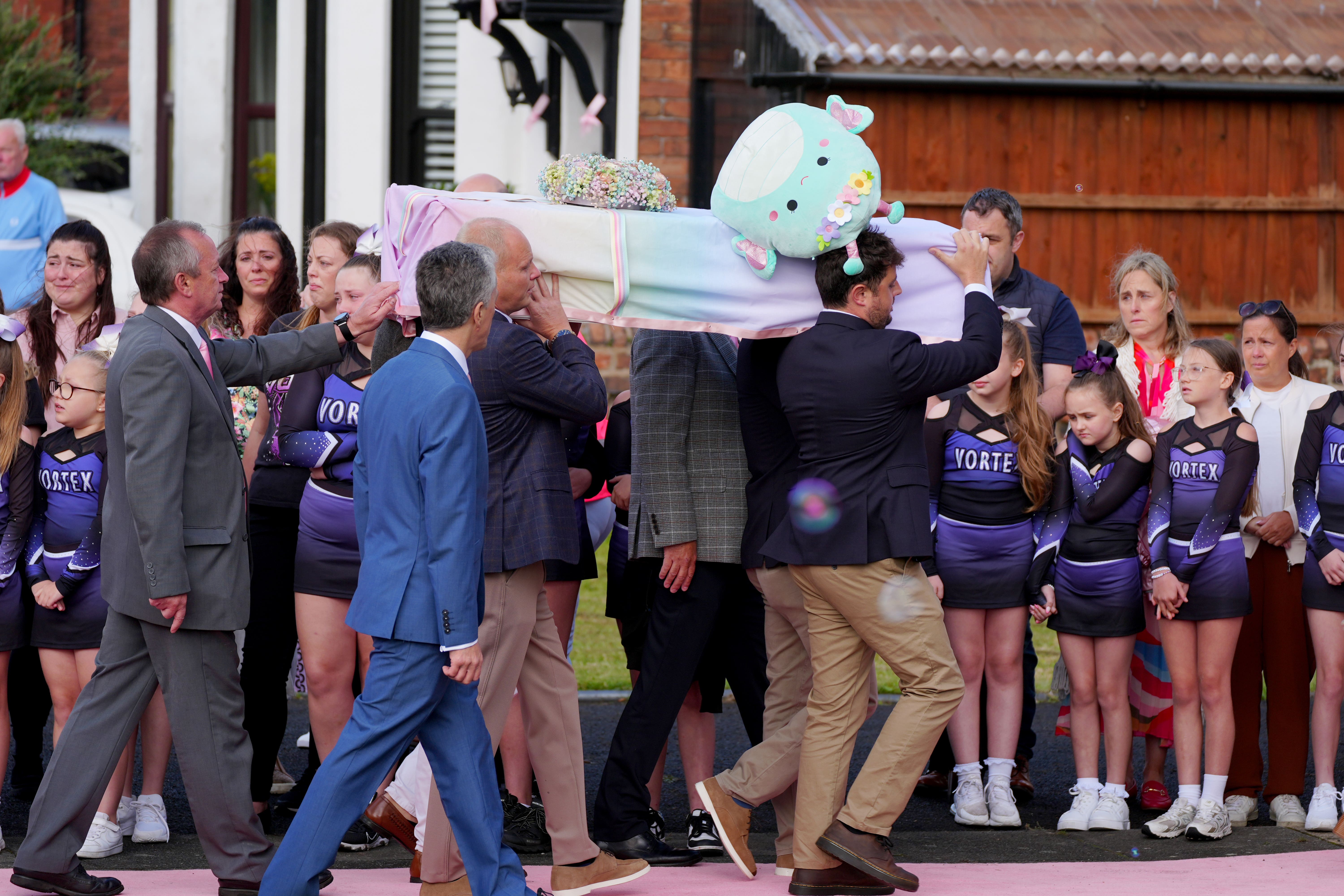 The coffin of Southport stabbing victim Elsie Dot Stancombe arrives (Peter Byrne/PA)