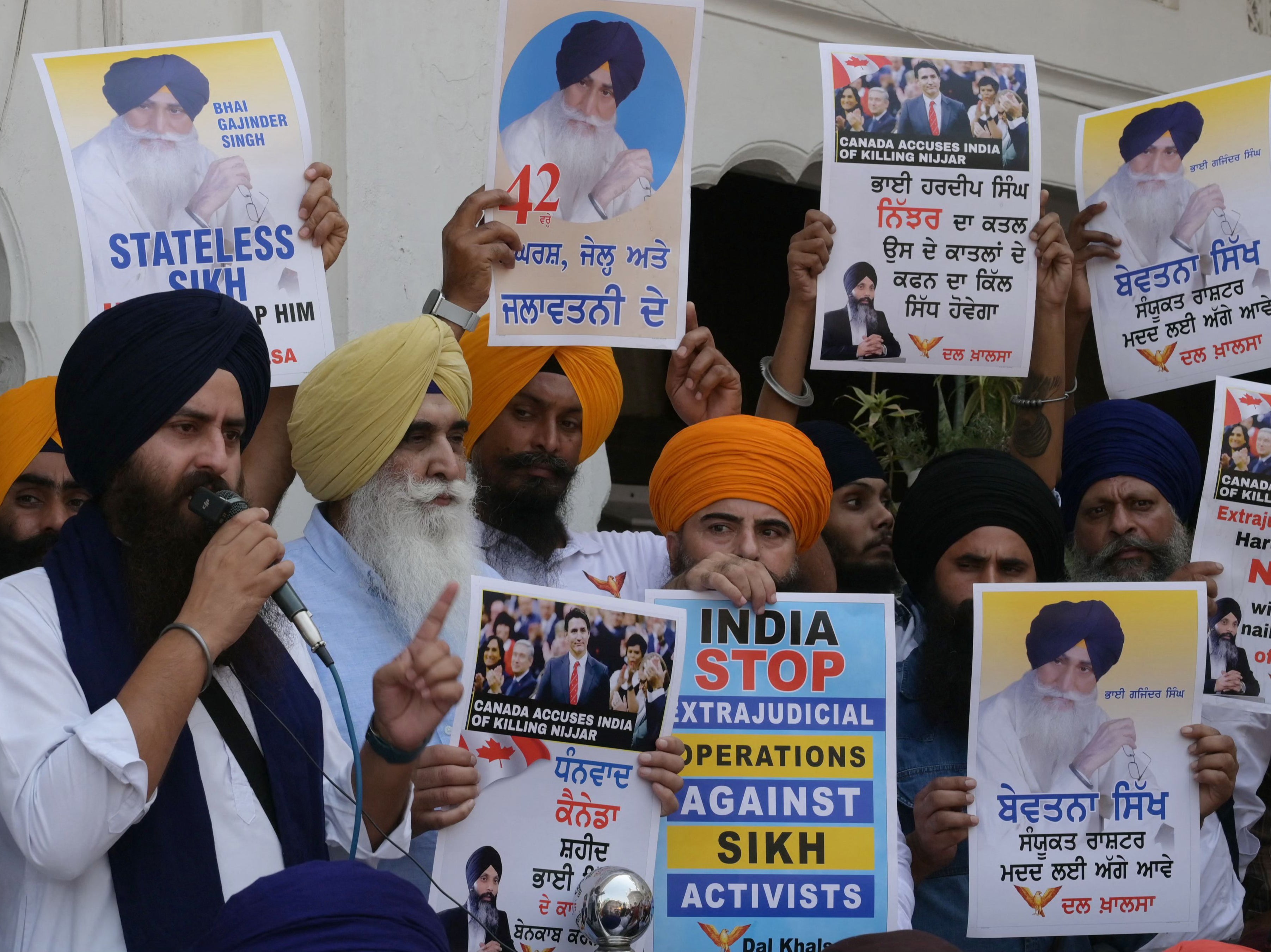 Activists of the Dal Khalsa Sikh organisation, a pro-Khalistan group, stage a demonstration demanding justice for Sikh separatist Hardeep Singh Nijjar, who was killed in June 2023 near Vancouver, after offering prayers at the at Akal Takht Sahib in the Golden Temple in Amritsar on 29 September 2023