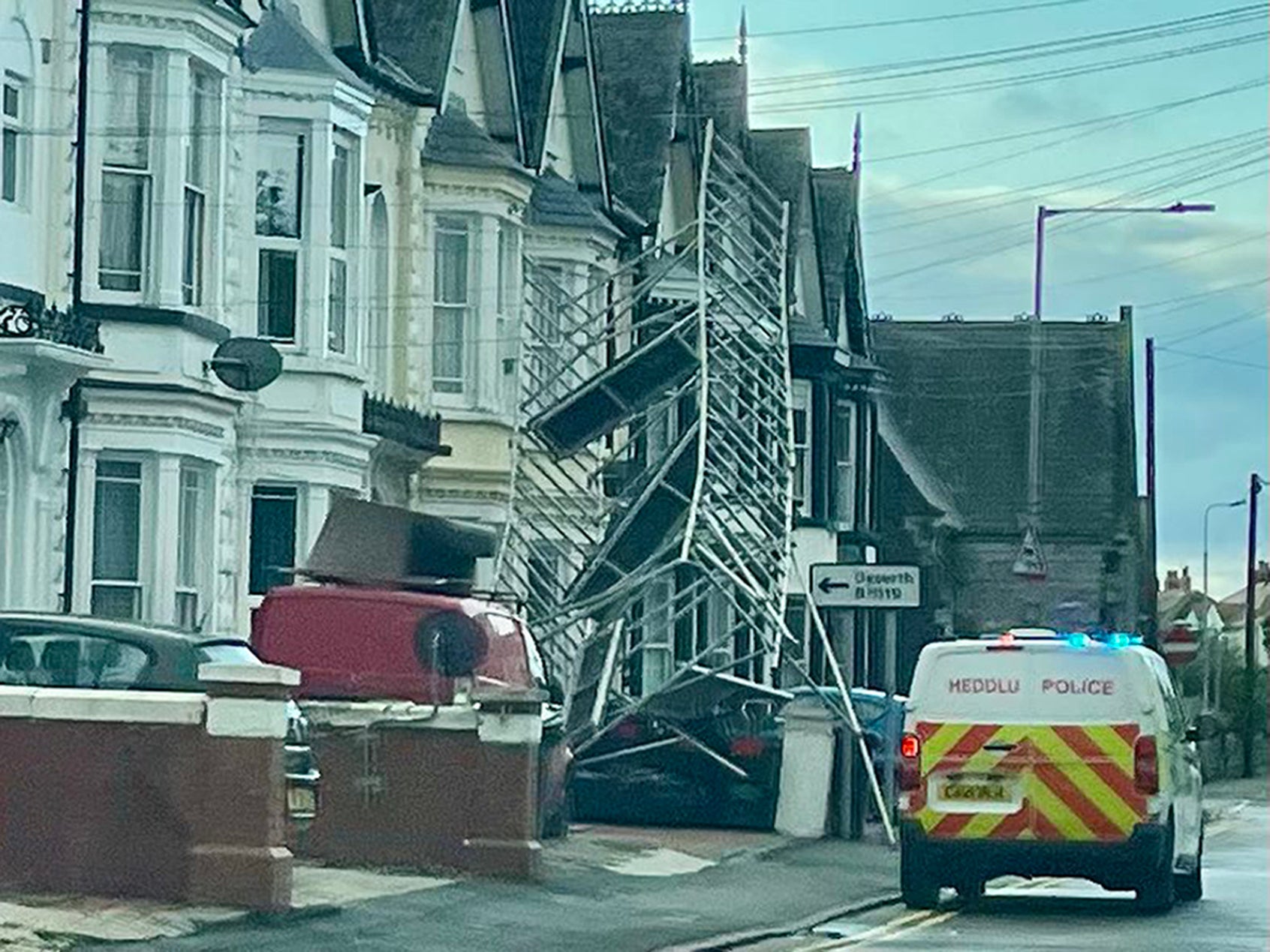 Scaffolding blown over in Wales