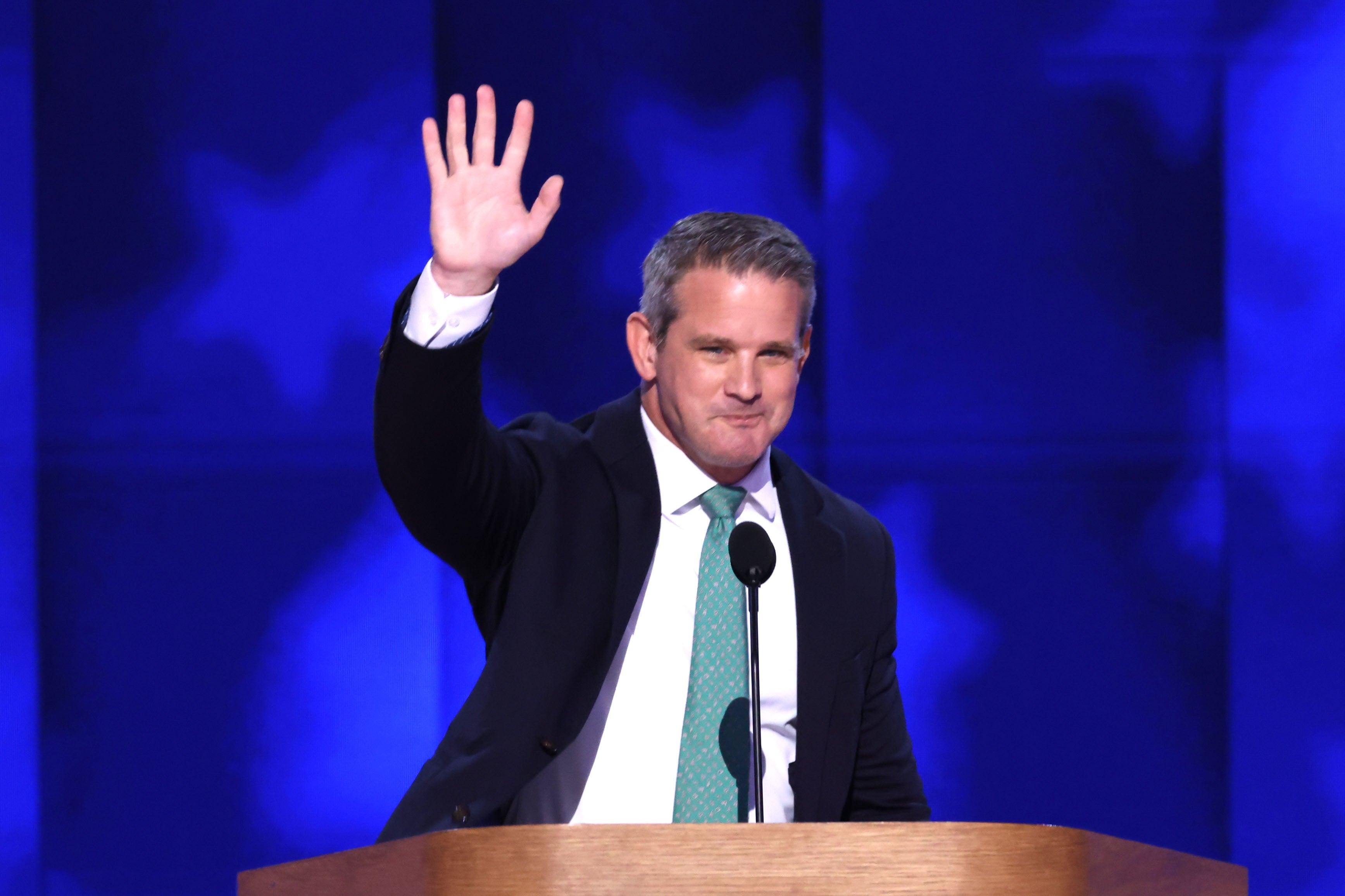 Former Representative from Illinois Adam Kinzinger speaks on the final night of the Democratic National Convention at the United Center in Chicago, Illinois in August 2024. He gave a succinct response to Trump’s threat of jailing him and his colleagues on the January 6 House panel