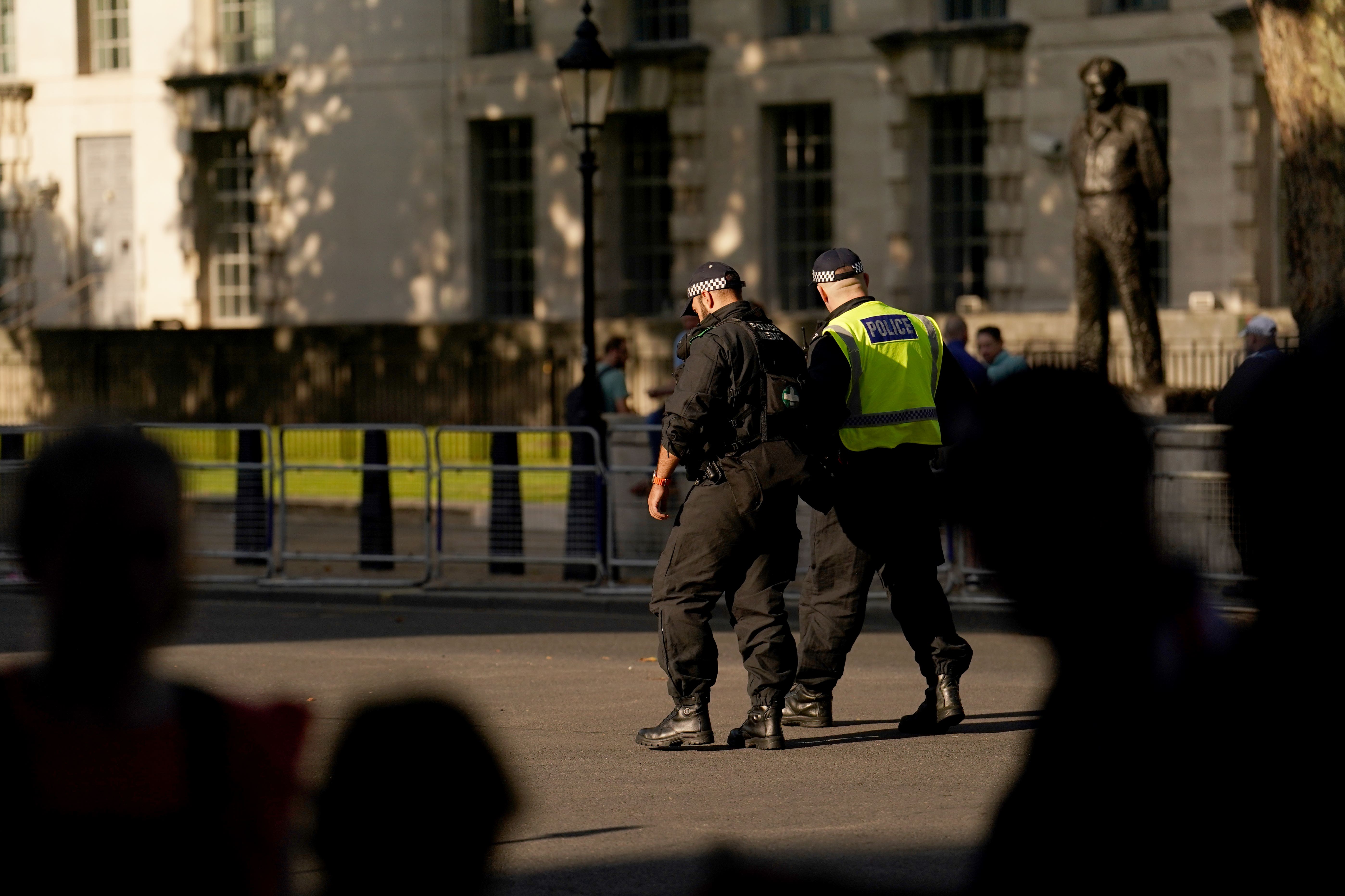 Police officers are seen walking down Whitehall, London, ahead of the Enough is Enough protest on July 31 (Jordan Pettitt/PA)