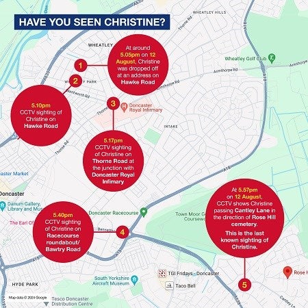 A map issued by police shows everything currently known about Christine’s movements