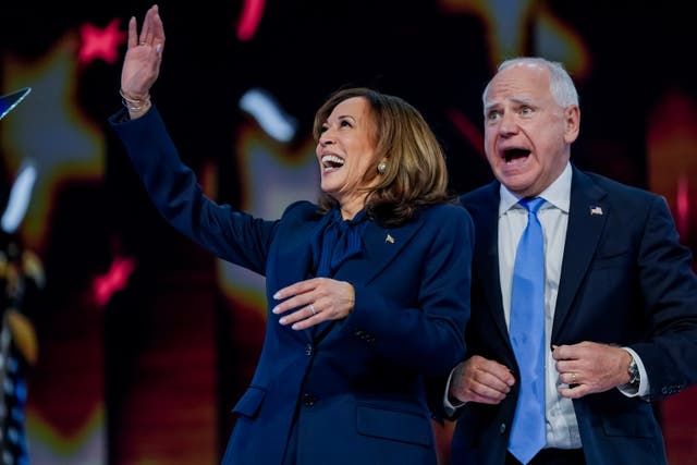 <p>Democratic presidential nominee Kamala Harris and vice presidential nominee Governor Tim Walz celebrate after Harris delivered her speech on the final night of the Democratic National Convention.  The speeches both had a similar theme: freedom. </p>