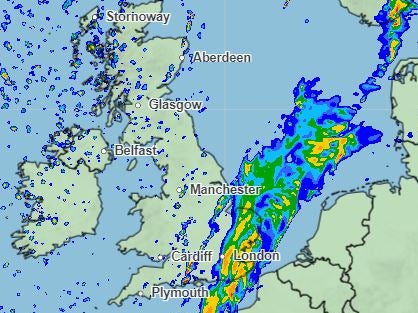 Map showing heavy rain in south and east at 1pm on Saturday