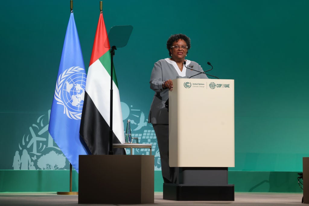 Mia Mottley, Prime Minister of Barbados, speaks at COP28 on December 2, 2023 in Dubai, United Arab Emirates