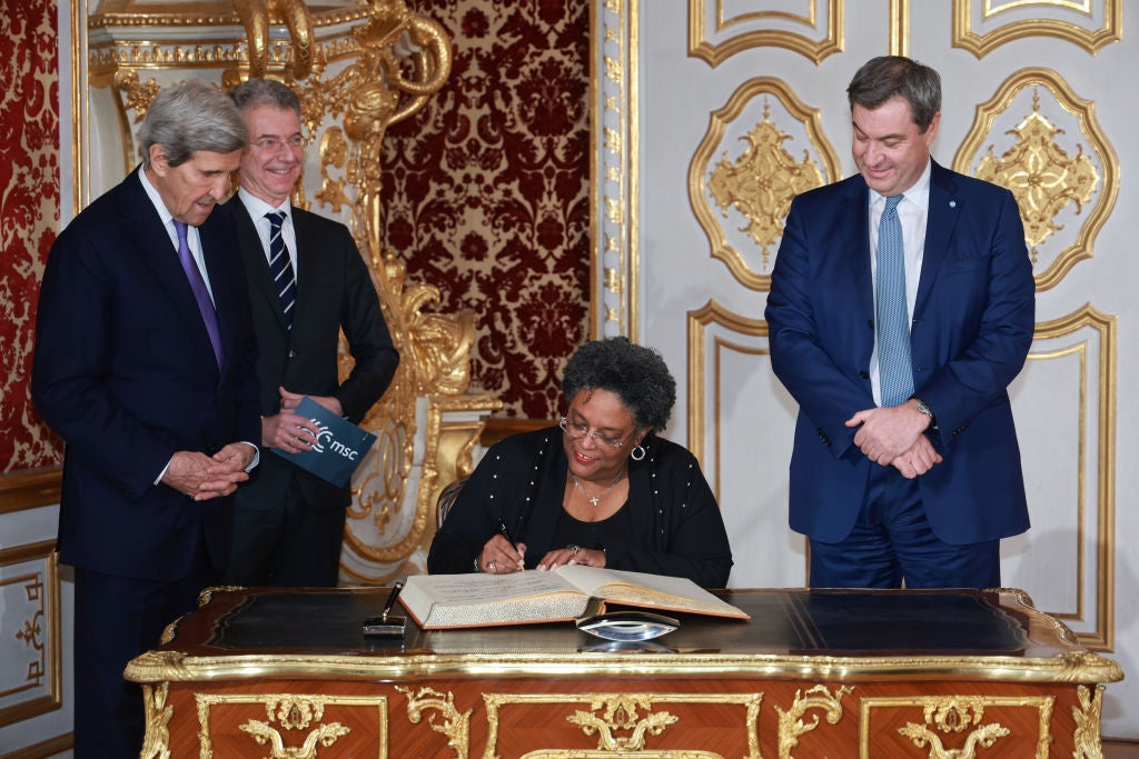 Mia Mottley with former secretary of state John Kerry, MSC chairman Christoph Heusgen and Bavaria’s state governor Markus Soder at the 2024 Munich Security Conference on February 17