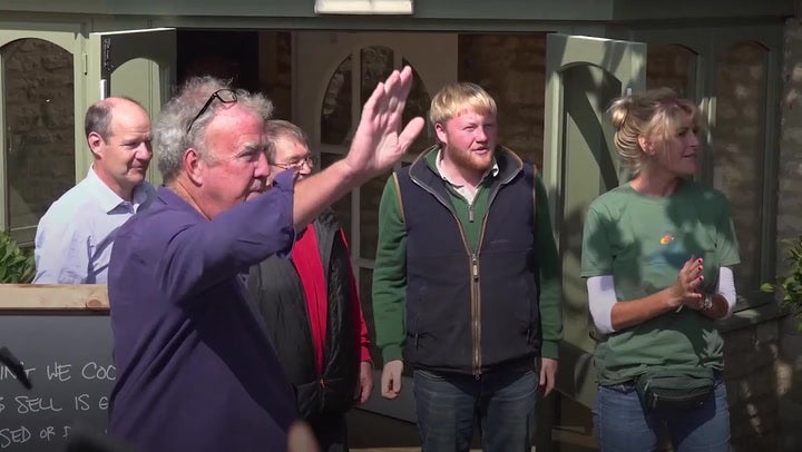 Clarkson with ‘Clarkson’s Farm’ stars as they welcome punters to new pub