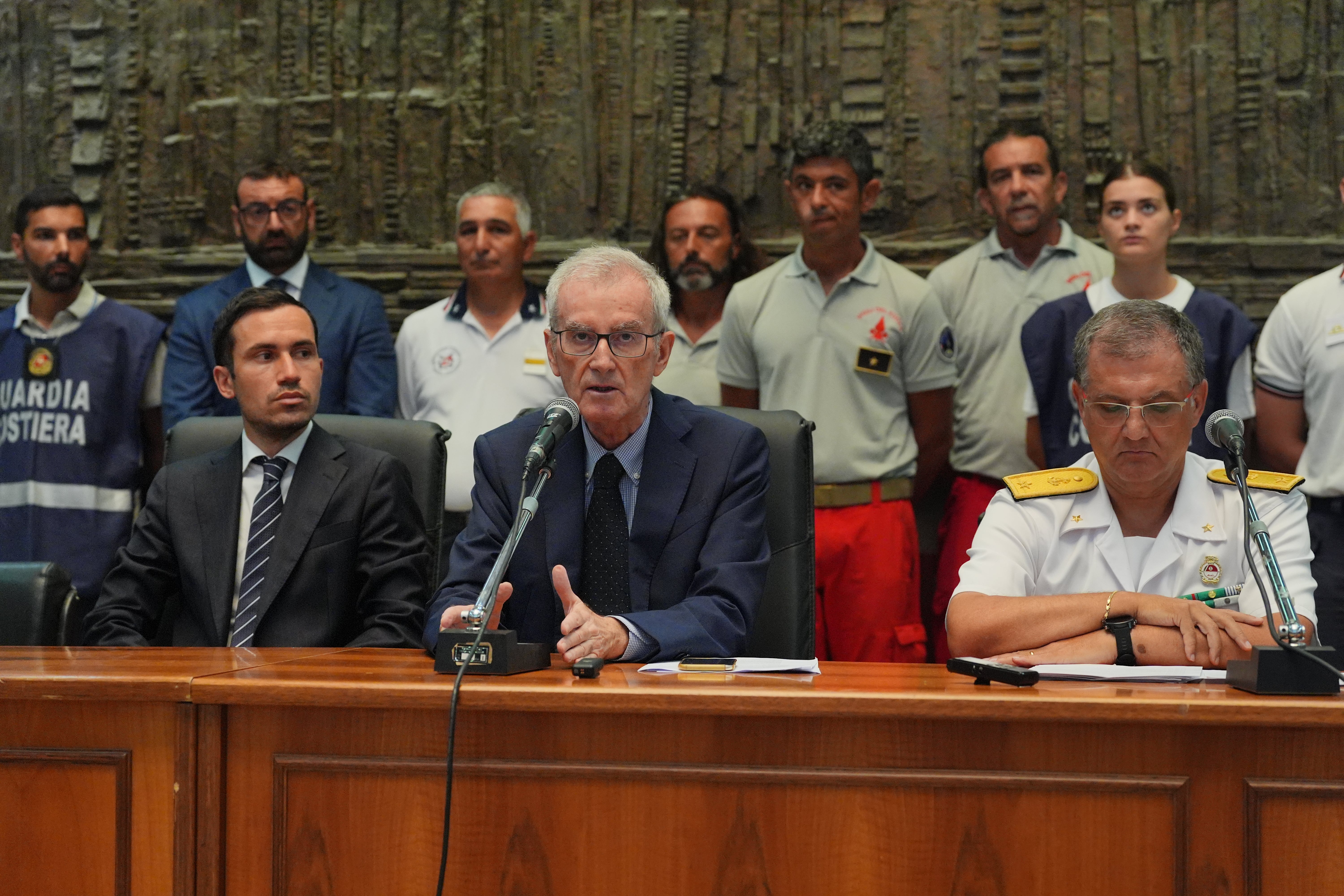 Chief prosecutor Ambrogio Cartosio (centre) with prosecutor Raffaele Cammarano (left) and maritime director of western Sicily, Rear Admiral Raffaele Macauda, during Saturday’s press conference