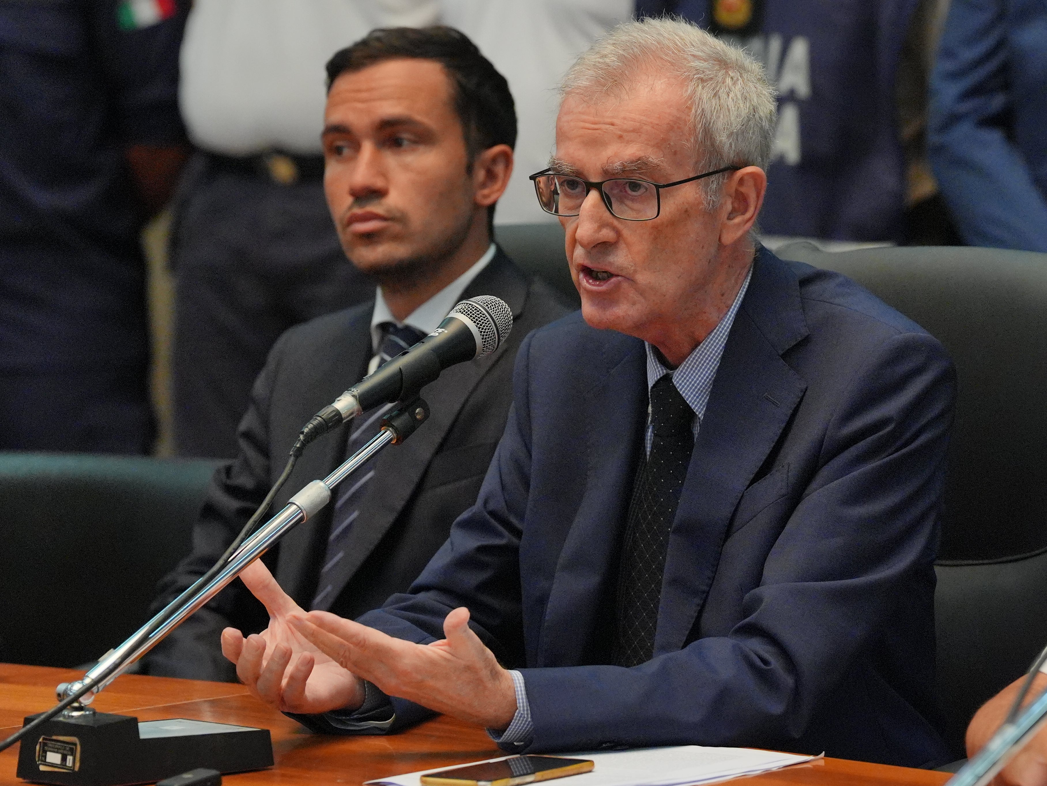 Chief prosecutor Ambrogio Cartosio (right) during a press conference in Termini Imerese