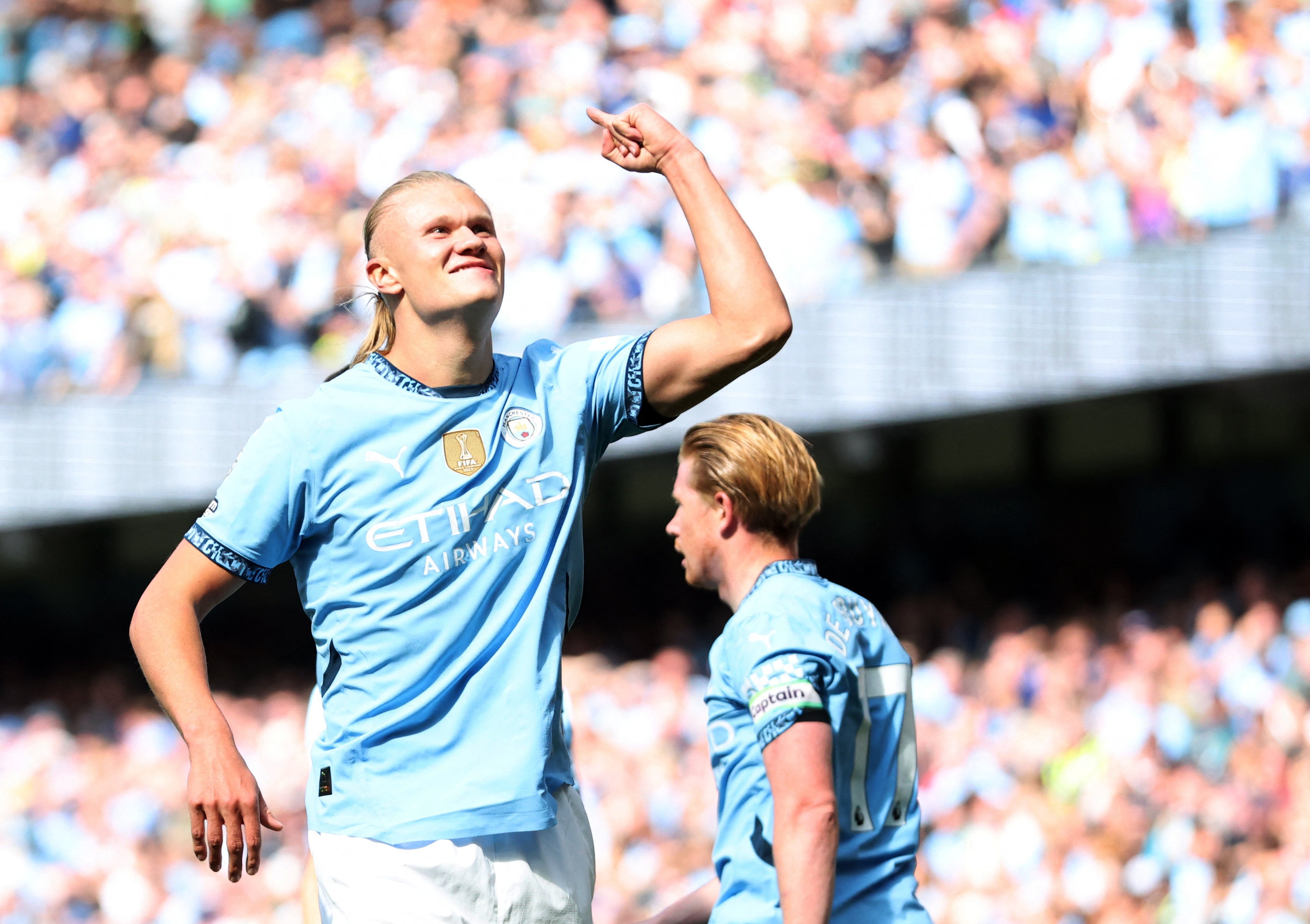 Manchester City's Erling Haaland celebrates scoring their third goal