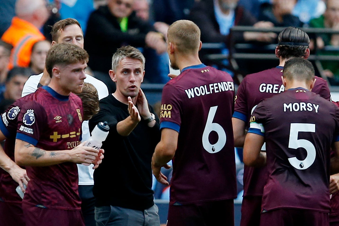 Ipswich Town manager Kieran McKenna delivers a team talk at the Etihad Stadium