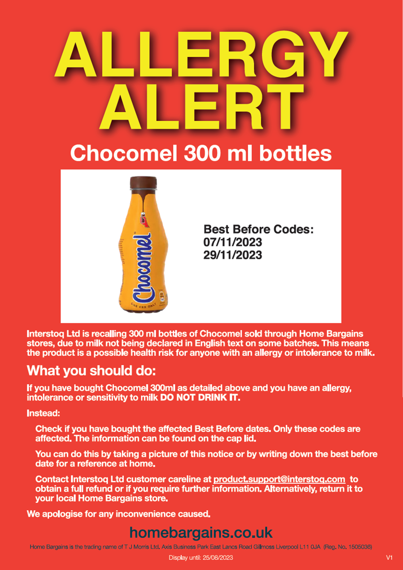 Interstoq Ltd is recalling its 300ml bottles of Chocomel