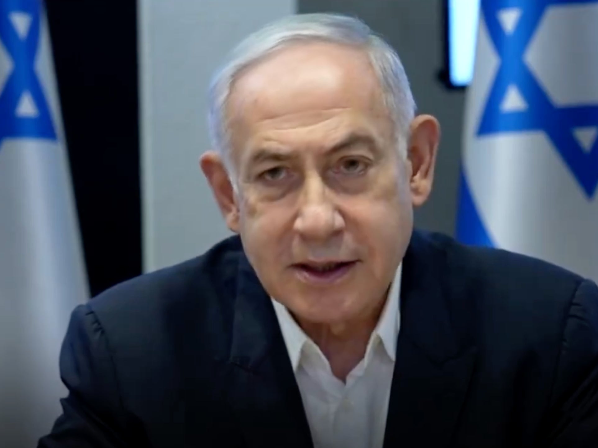 Israeli PM Benjamin Netanyahu releases a video statement after the exchange of missile attacks with Hezbollah in southern Lebanon