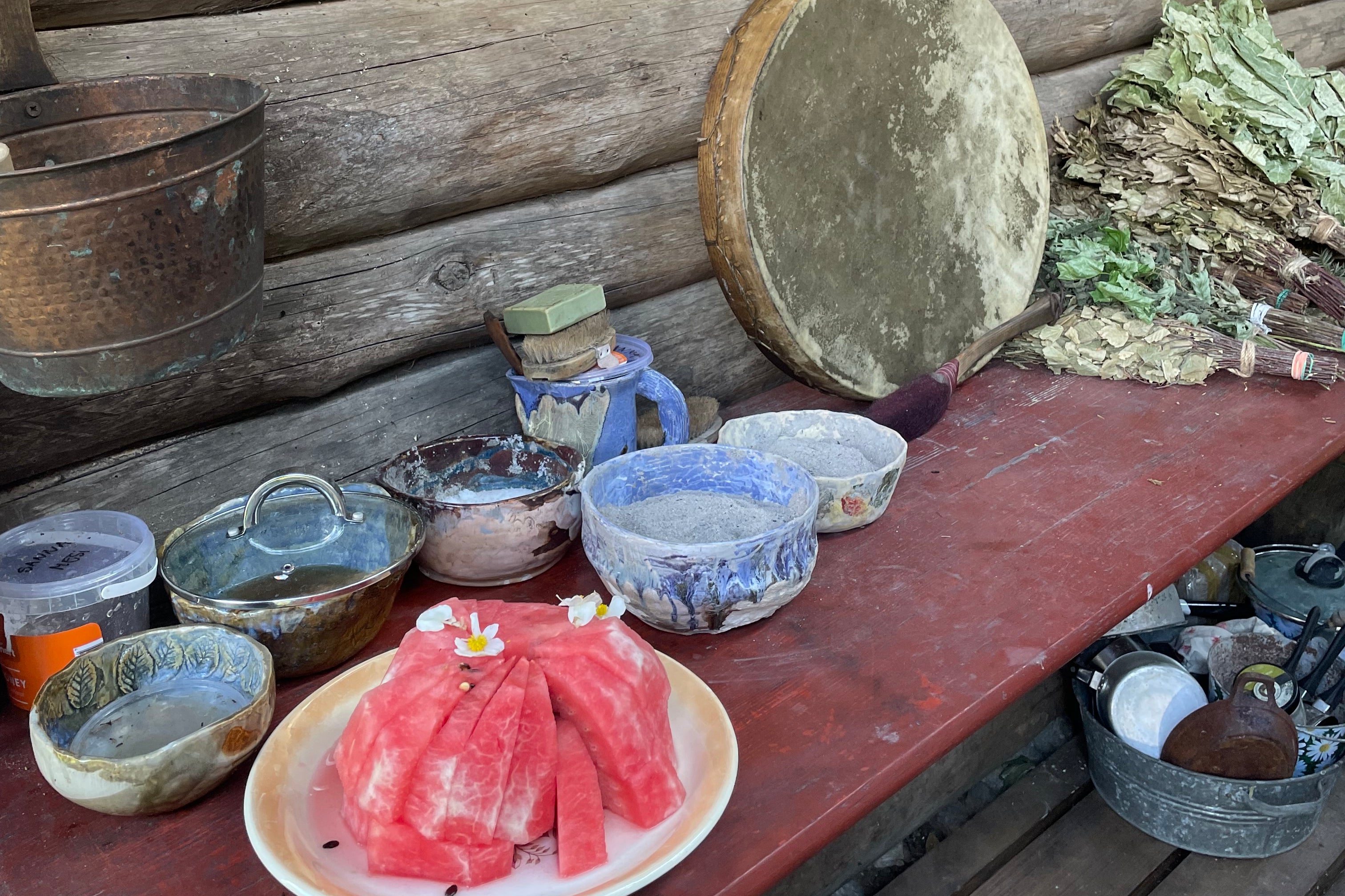 The girls ate watermelon to keep hydrated and scrubbed themselves with elder tree ash at Mooska Farm