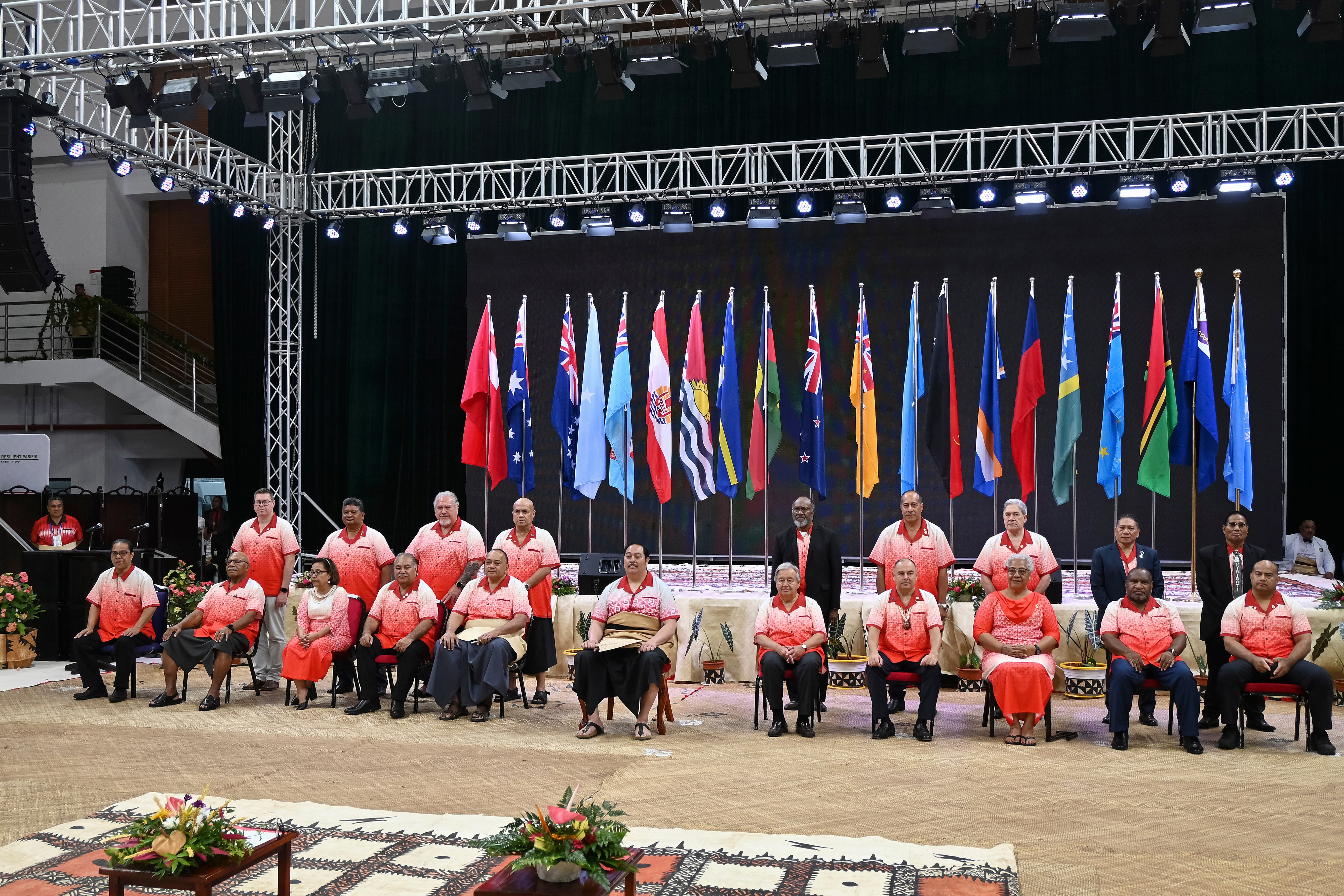 Leaders pose for a photo at the Pacific Islands Forum leaders meeting in Nuku'alofa, Tonga