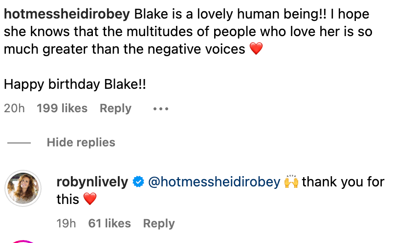 Blake Lively’s sister Robyn responds to fan comment about ‘negative voices’ amid backlash